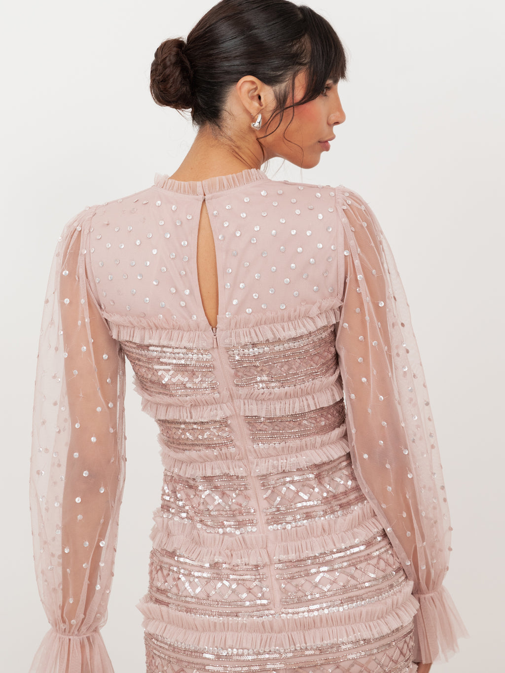 Maya Frosted Pink Sequin & Frill Maxi Sleeve Tulle Maxi Dress
