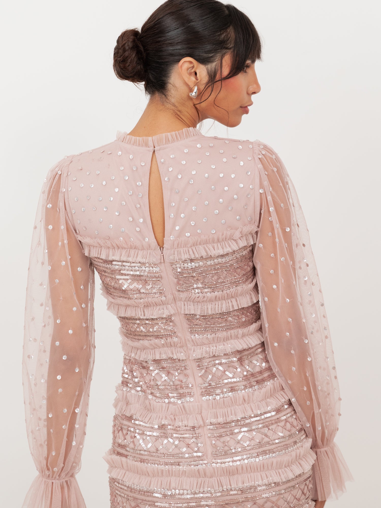 Maya Frosted Pink Sequin & Frill Maxi Sleeve Tulle Maxi Dress