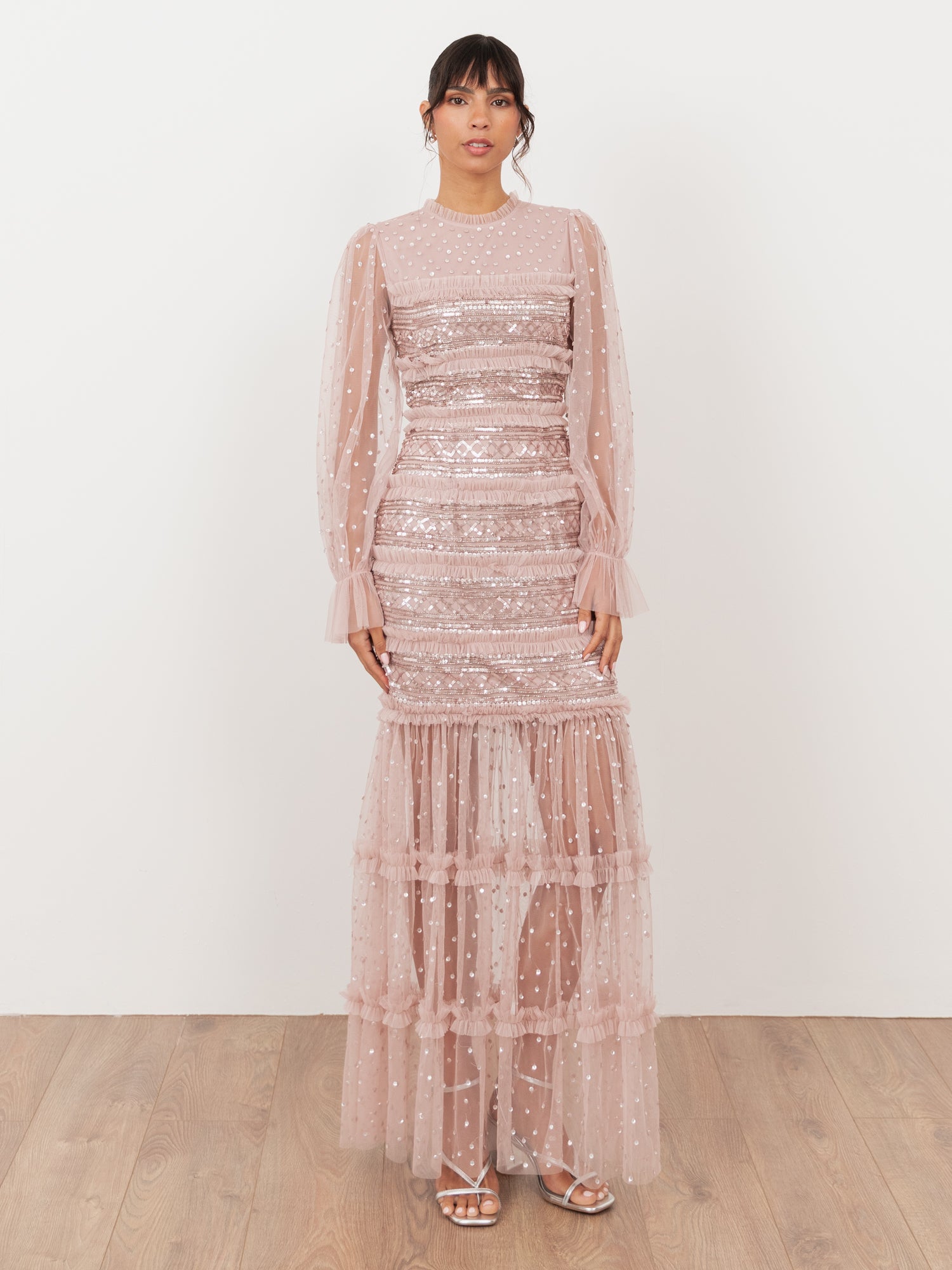 Maya Frosted Pink Sequin & Frill Maxi Sleeve Tulle Maxi Dress