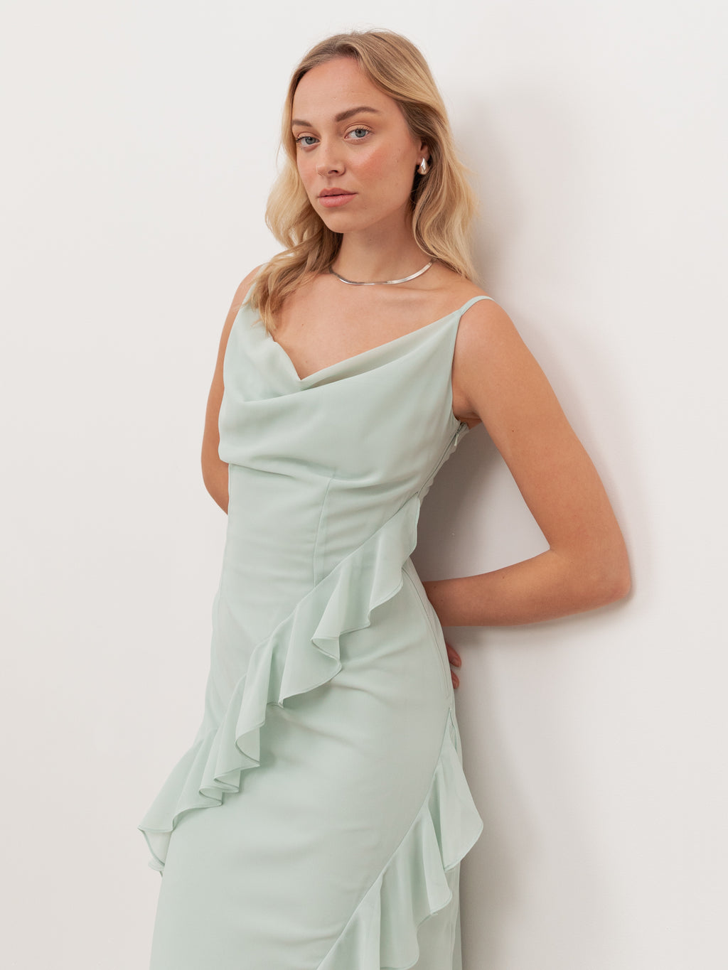 Anaya With Love Recycled Mint Waterfall Ruffle Cowl Neck Cami Maxi Dress