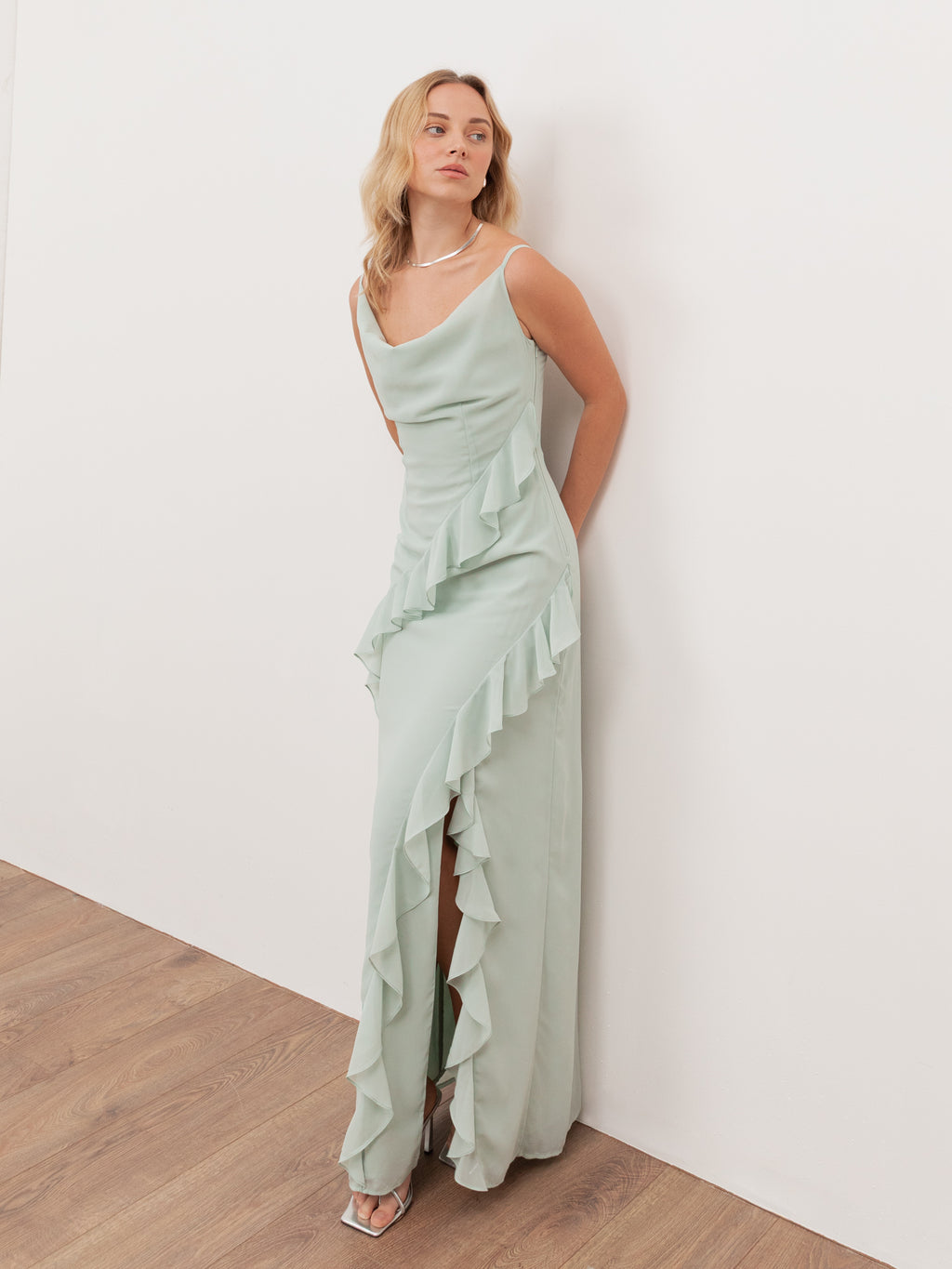 Anaya With Love Recycled Mint Waterfall Ruffle Cowl Neck Cami Maxi Dress