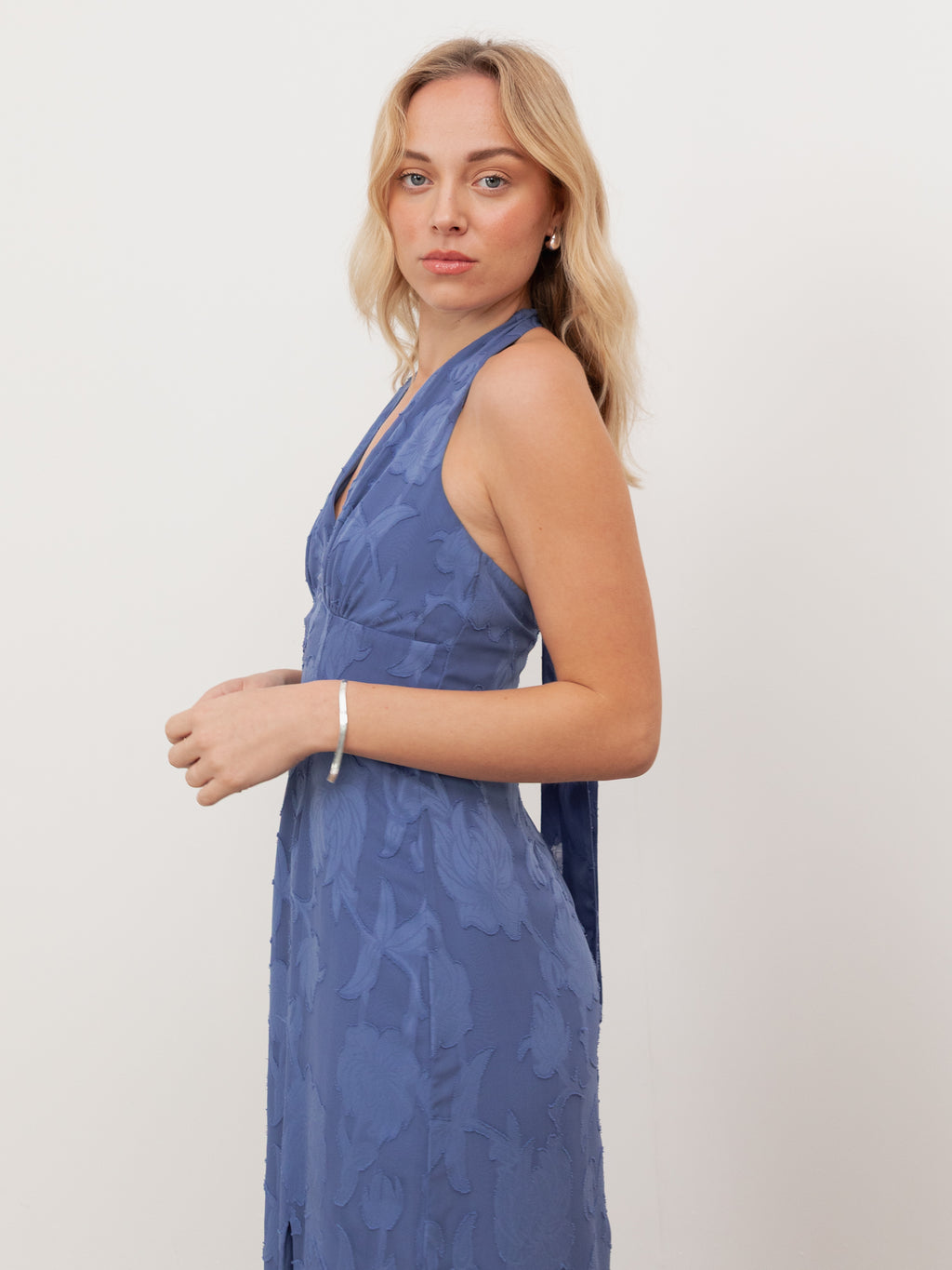 Anaya With Love Recycled Azure Blue Floral Burnout Self-Tie Halter Neck Maxi Dress