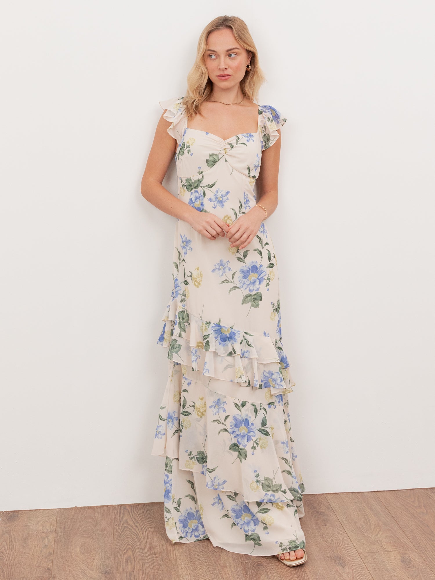 Anaya With Love Recycled Floral Flutter Sleeve Asymmetric Ruffle Maxi Dress