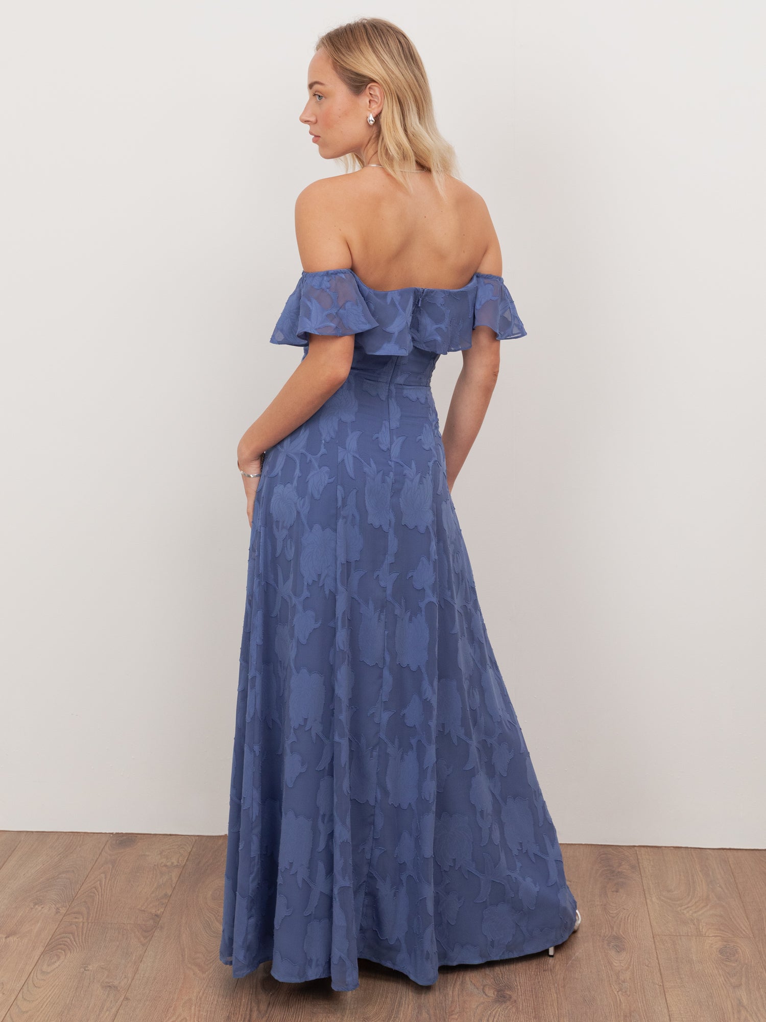 Anaya With Love Recycled Azure Blue Floral Burnout Bardot Maxi Dress