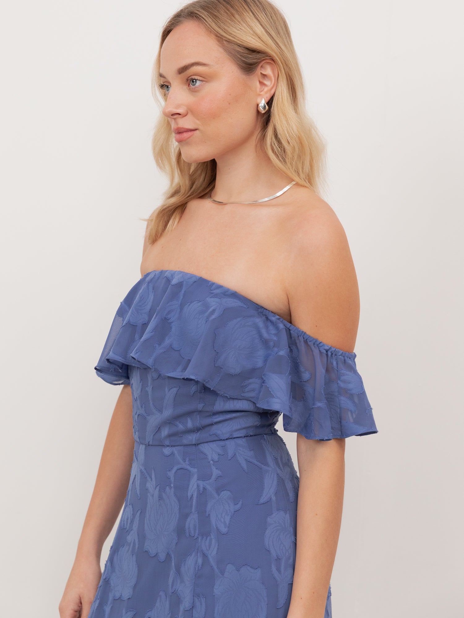 Anaya With Love Recycled Azure Blue Floral Burnout Bardot Maxi Dress