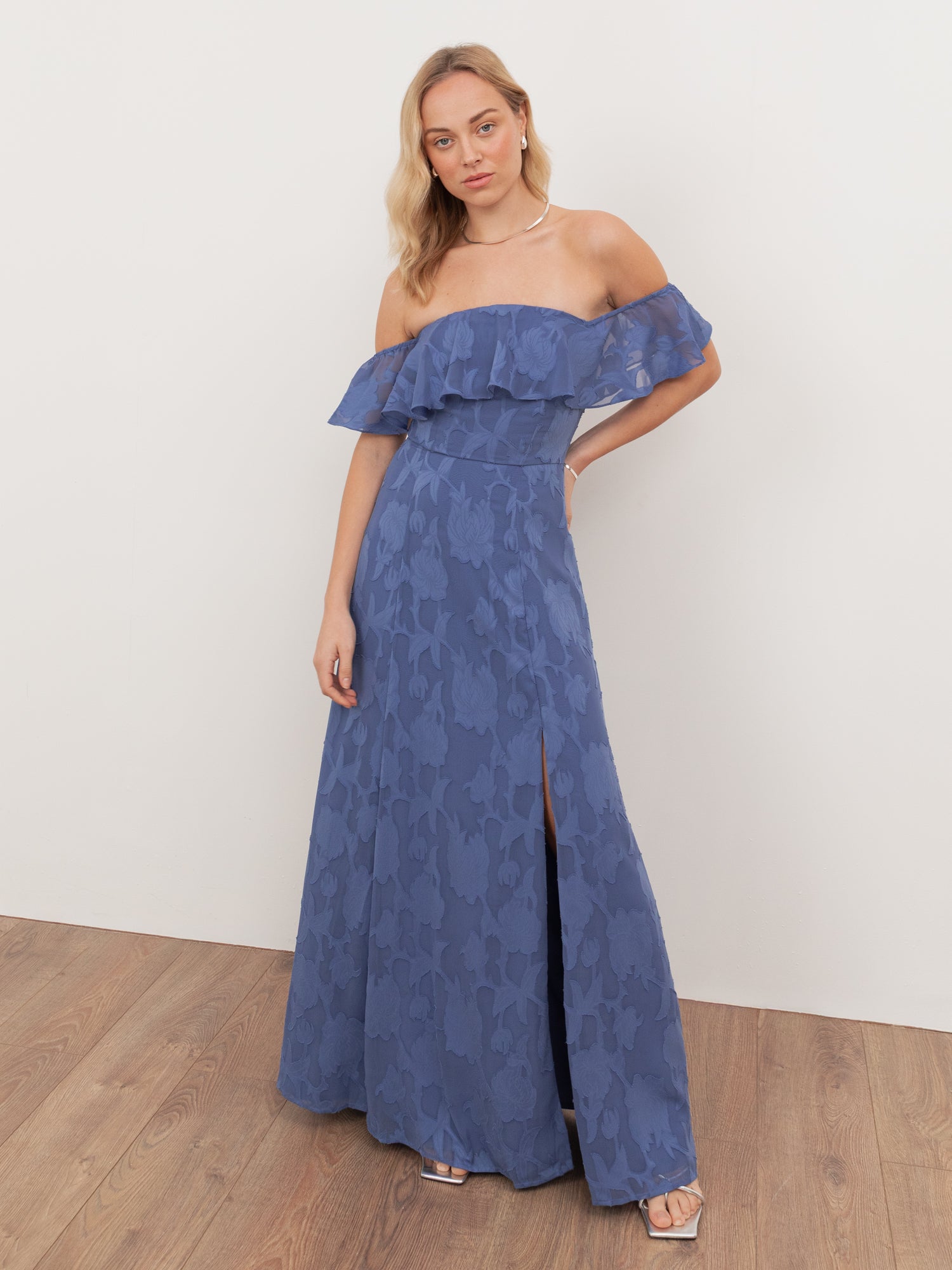 Anaya With Love Recycled Azure Blue Floral Burnout Bardot Maxi Dress