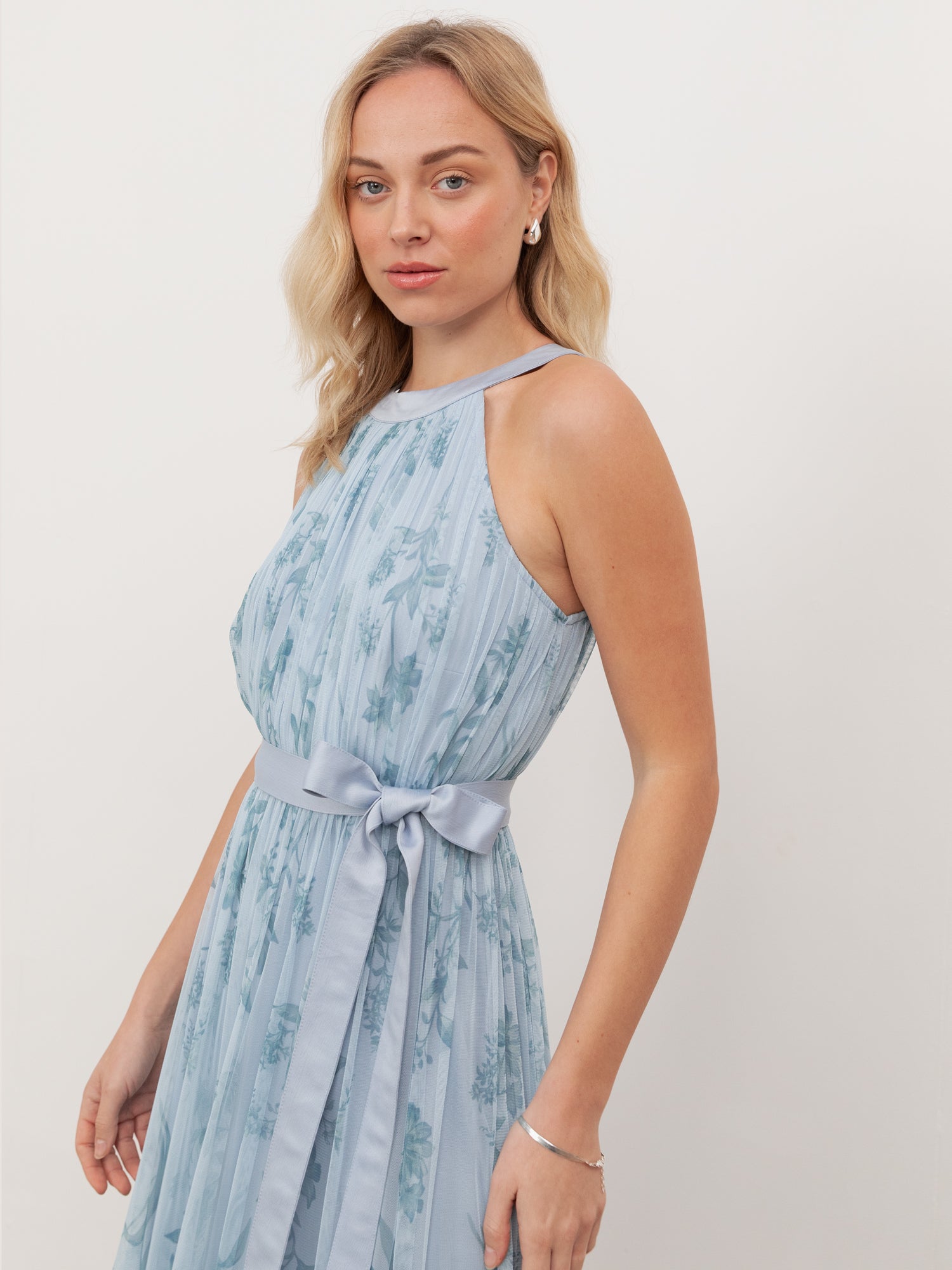 Anaya With Love Recycled Blue Floral Halter Neck Maxi Dress with Sash Belt