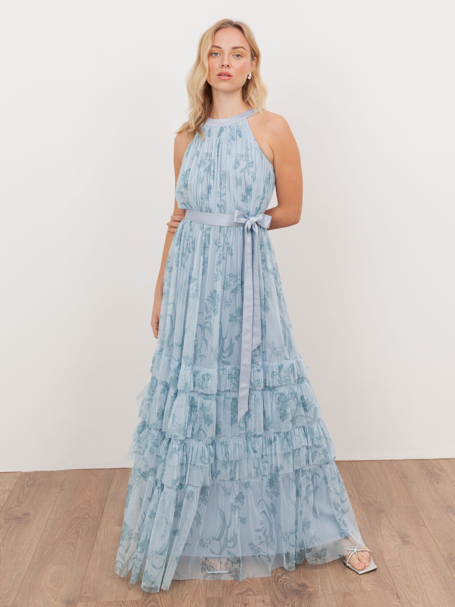 Anaya With Love Recycled Blue Floral Halter Neck Maxi Dress with Sash Belt