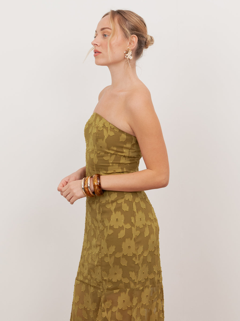Anaya With Love Recycled Golden Olive Floral Burnout Bandeau Maxi Dress