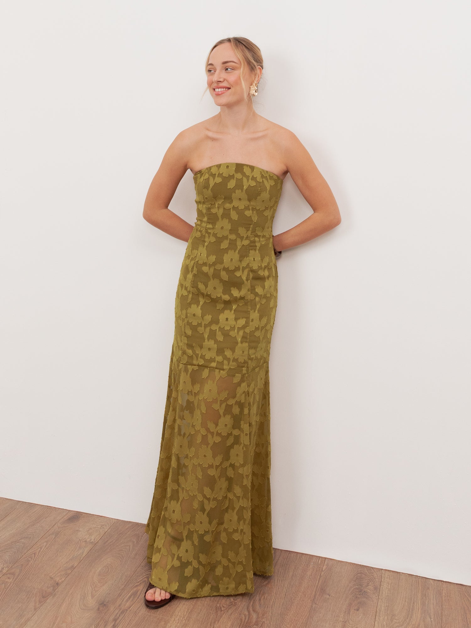 Anaya With Love Recycled Golden Olive Floral Burnout Bandeau Maxi Dress