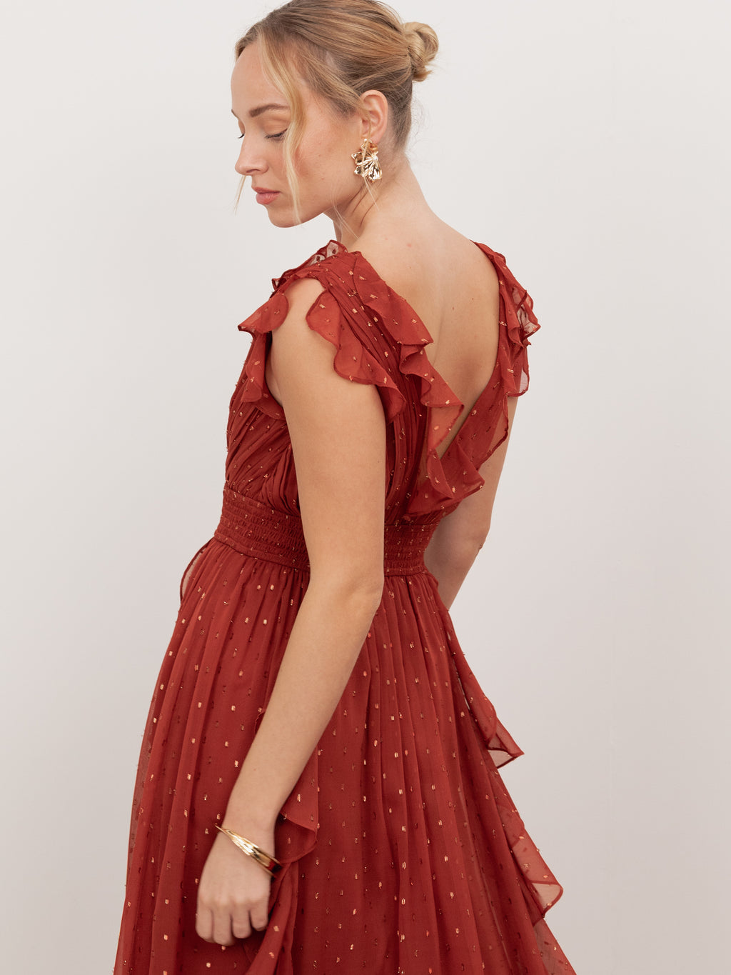 Anaya With Love Recycled Chilli Red Plunge Neck Waterfall Ruffle Maxi Dress