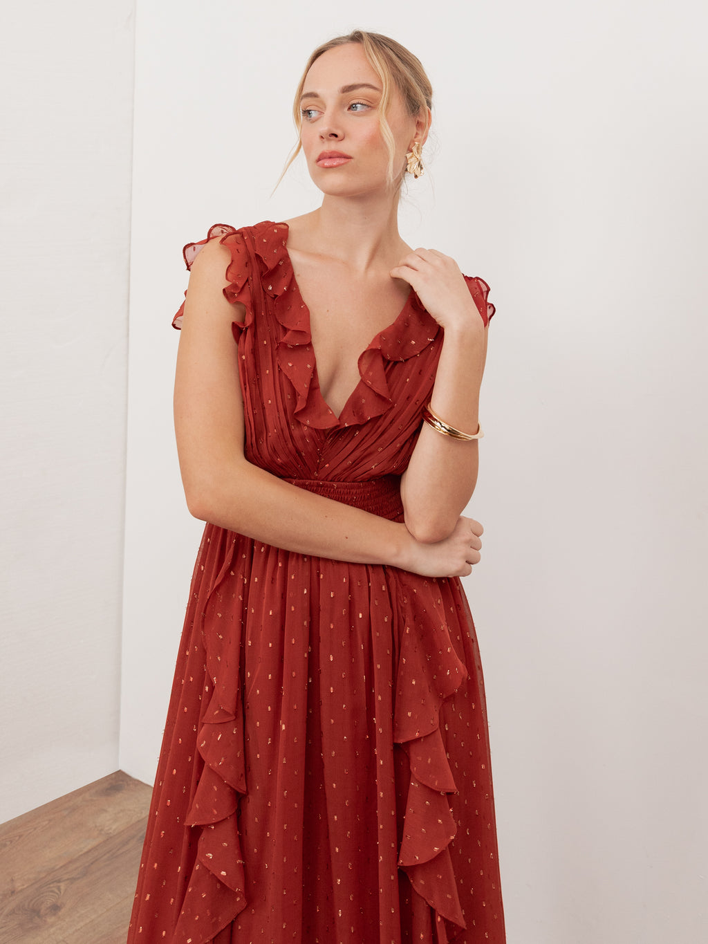 Anaya With Love Recycled Chilli Red Plunge Neck Waterfall Ruffle Maxi Dress