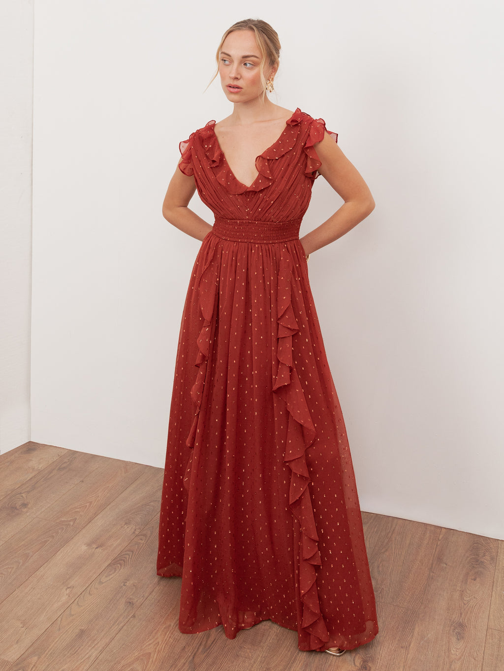 Anaya With Love Recycled Chilli Red Plunge Neck Waterfall Ruffle Maxi Dress