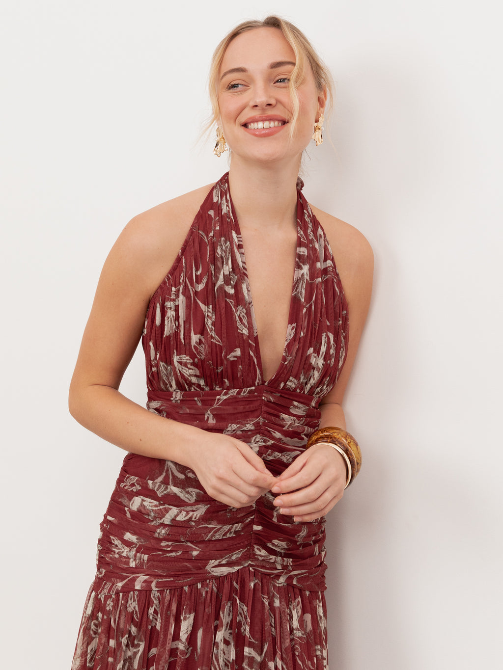 Anaya With Love Recycled Rust Floral Ruched Halter Neck Midaxi Dress