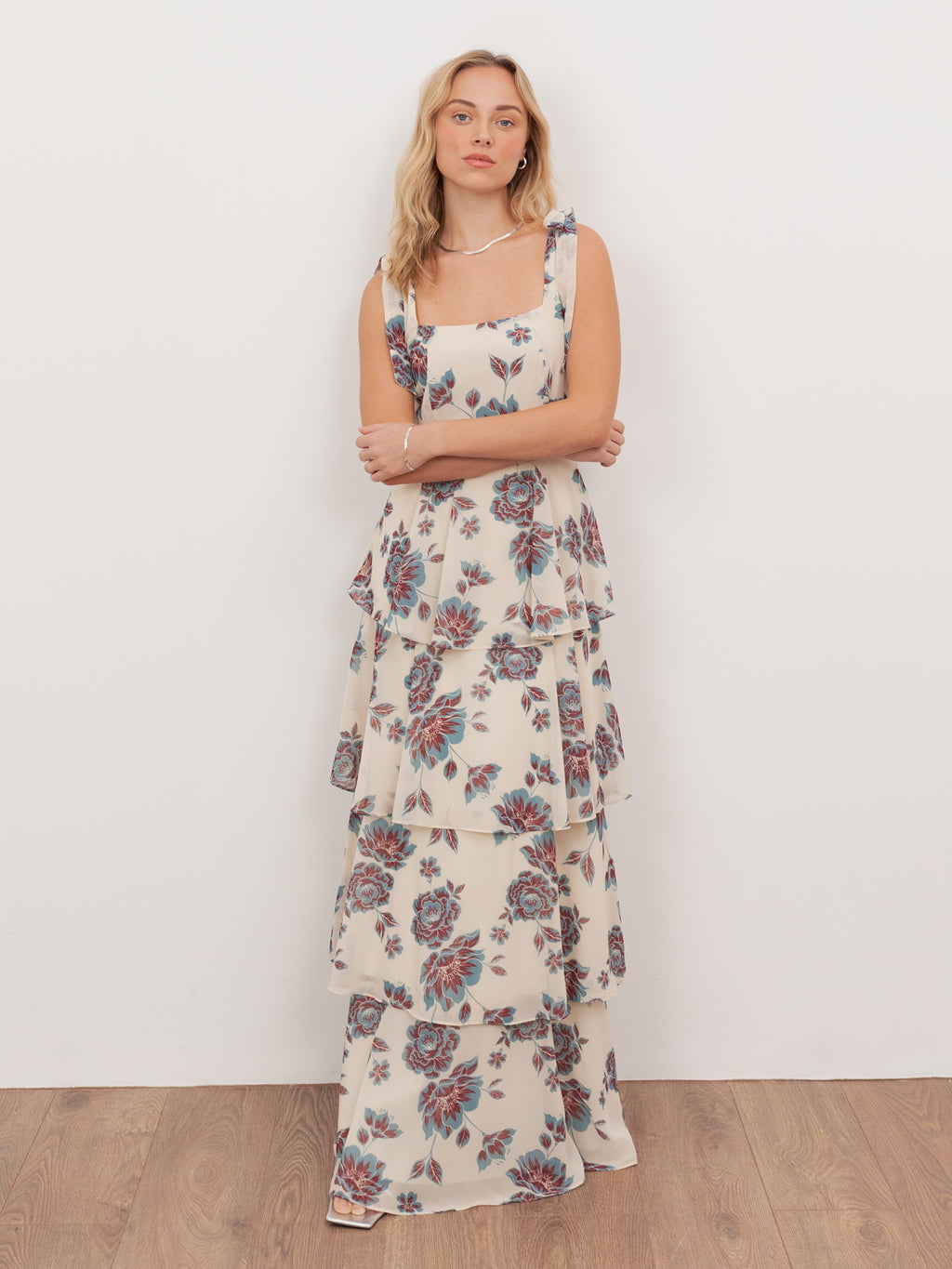 Anaya With Love Recycled Floral Print Tie-Shoulder Tiered Maxi Dress