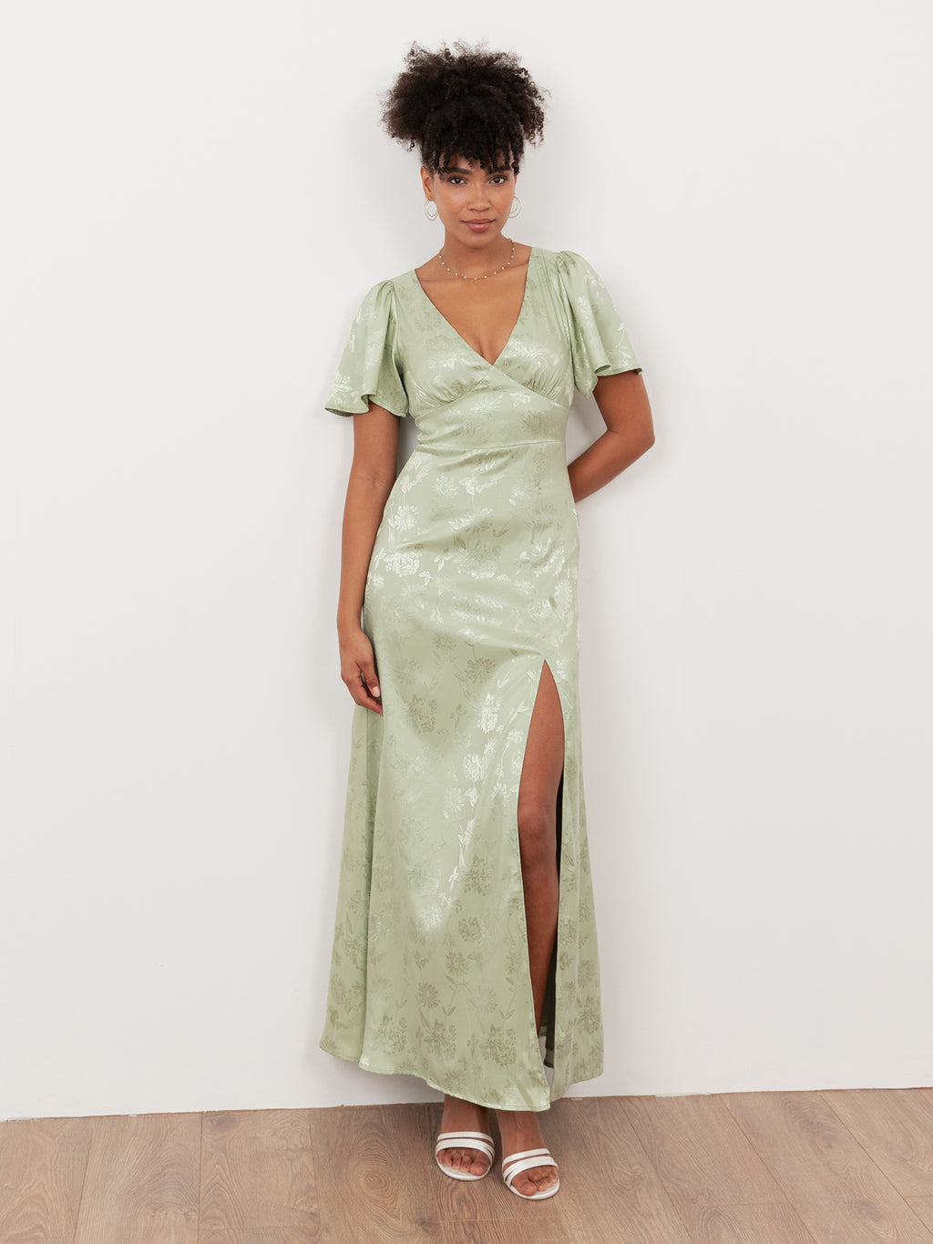 Maya Meadow Green Floral Jacquard Satin Maxi Dress