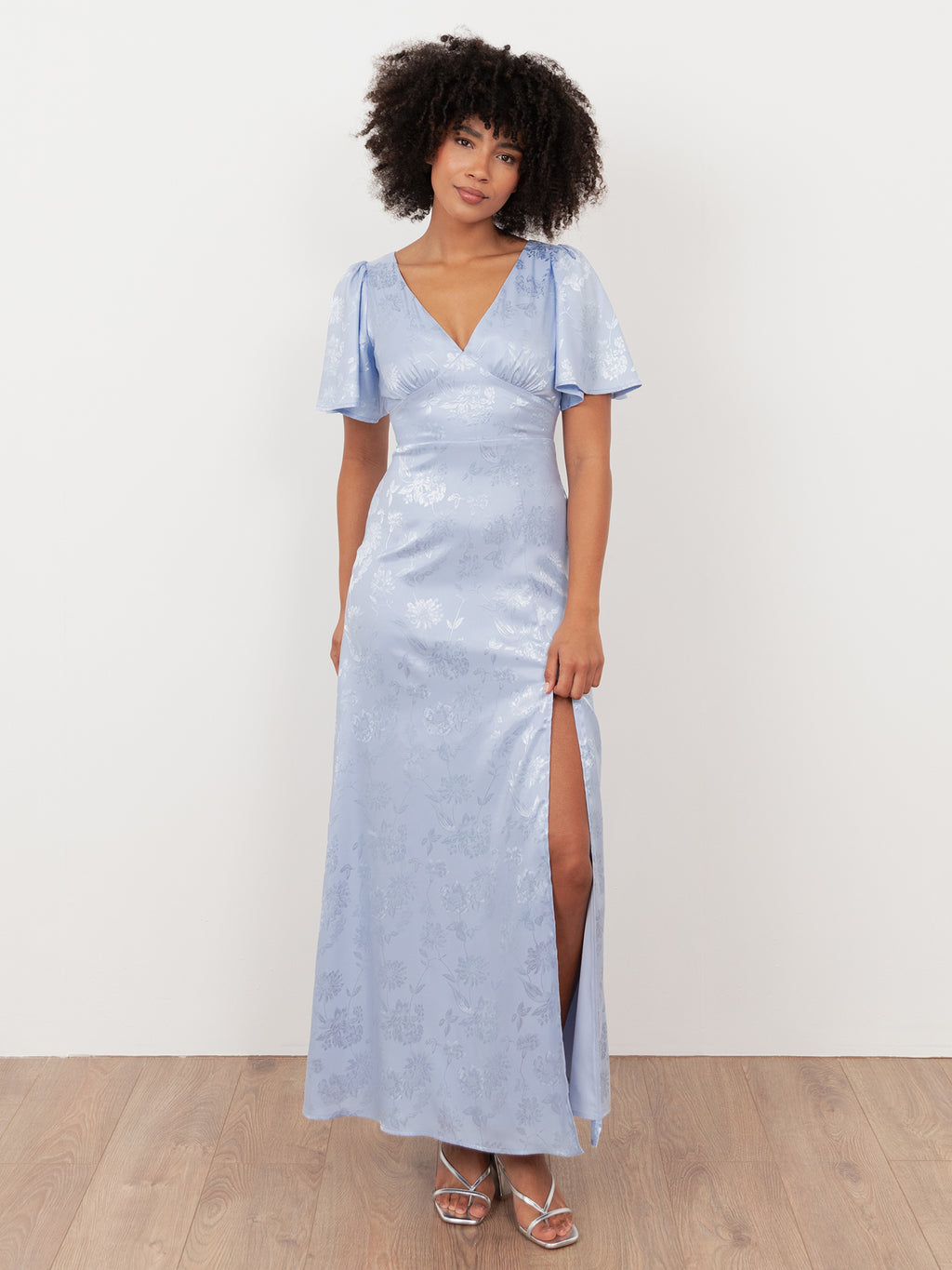 Maya Pastel Blue Floral Jacquard Satin Maxi Dress