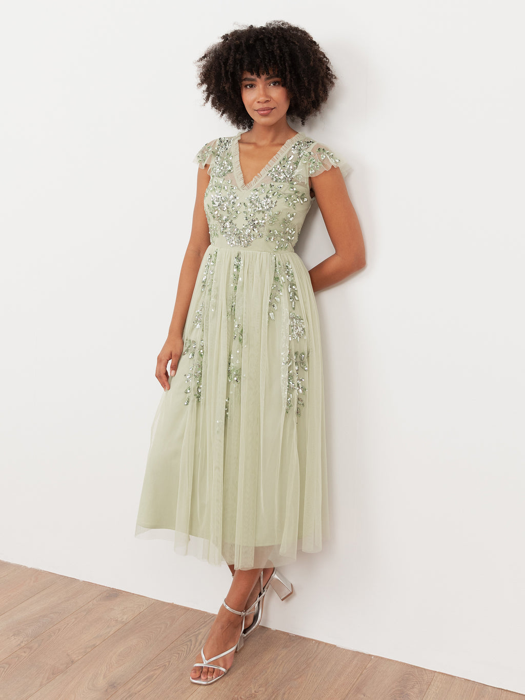 Maya Meadow Green Embellished Tulle Midi Dress with Open Back