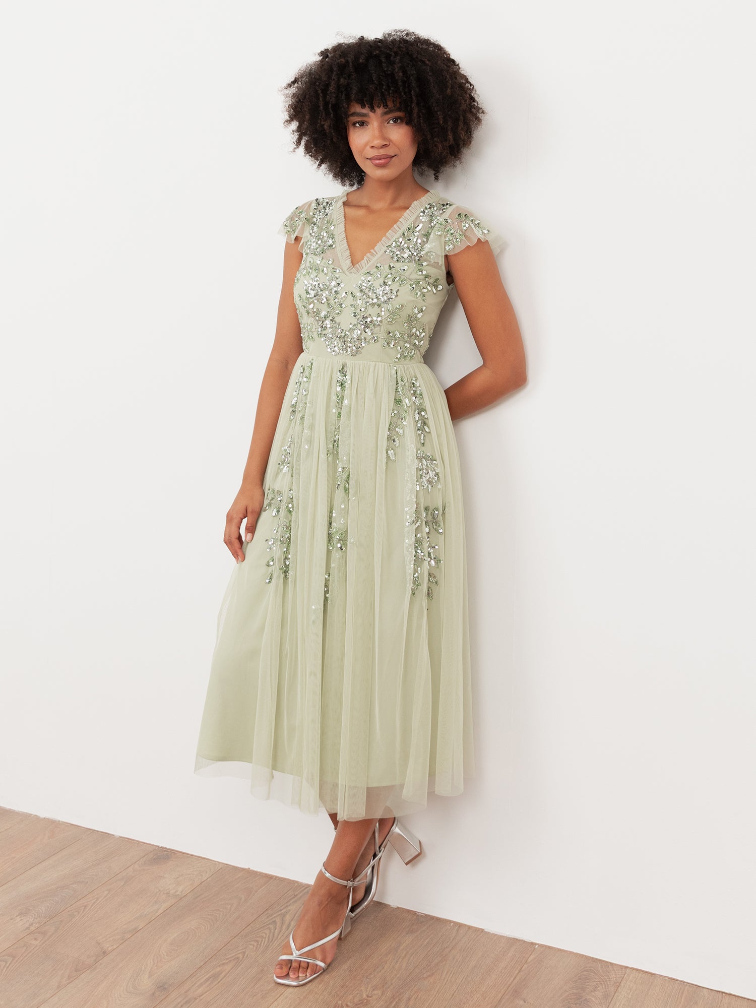 Maya Meadow Green Embellished Tulle Midi Dress with Open Back