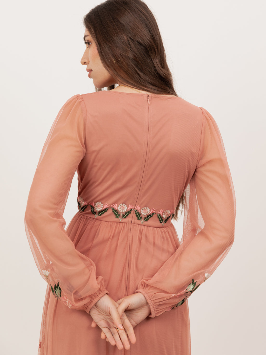 Maya Terracotta Pink Embroidered Faux Wrap Maxi Sleeve Midaxi Dress