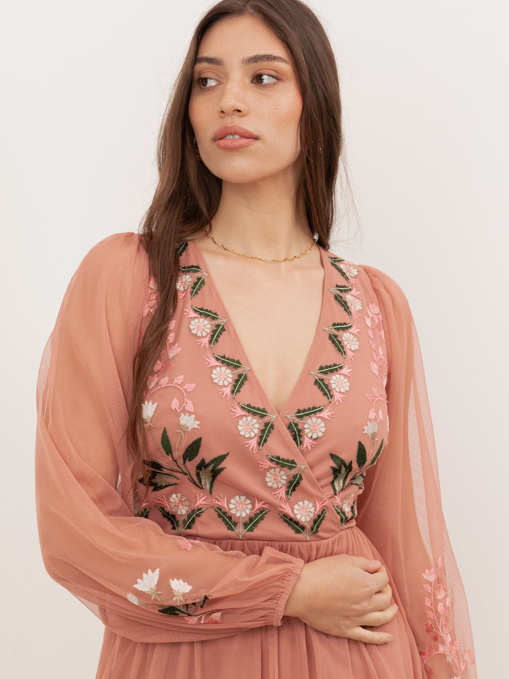 Maya Terracotta Pink Embroidered Faux Wrap Maxi Sleeve Midaxi Dress