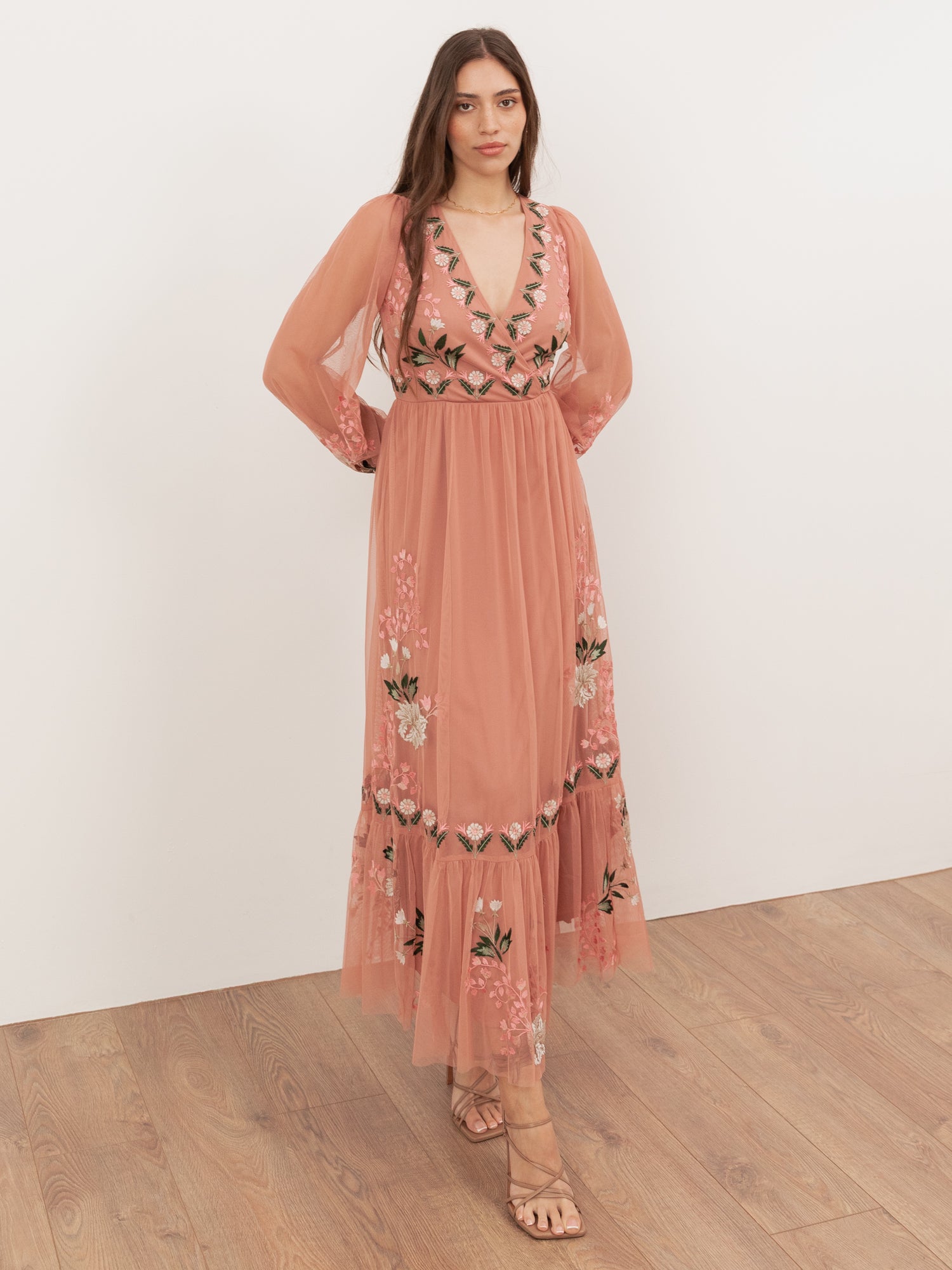 Maya Terracotta Pink Embroidered Faux Wrap Maxi Sleeve Midaxi Dress