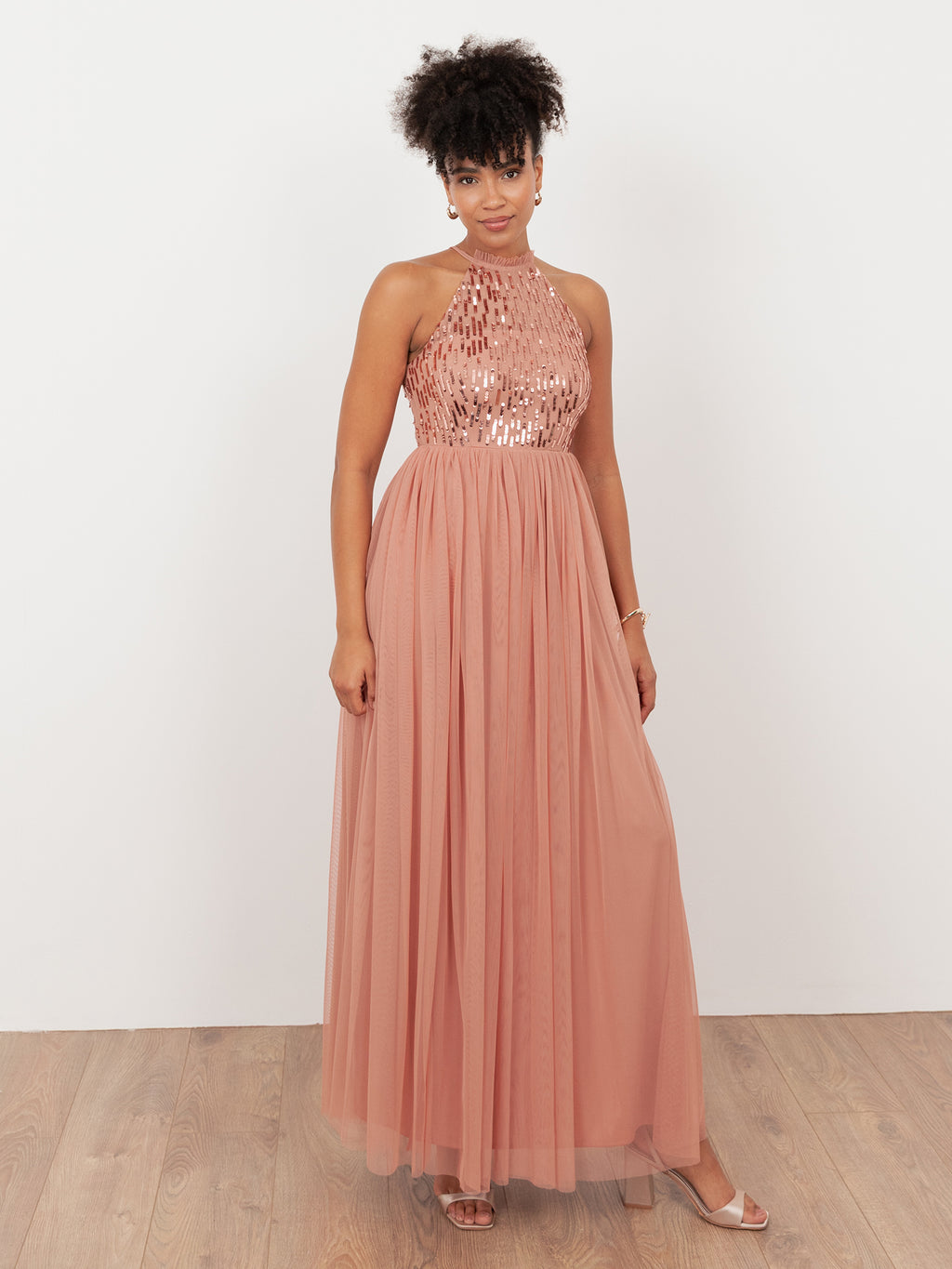 Maya Terracotta Pink Linear Embellished Halter Neck Maxi Dress