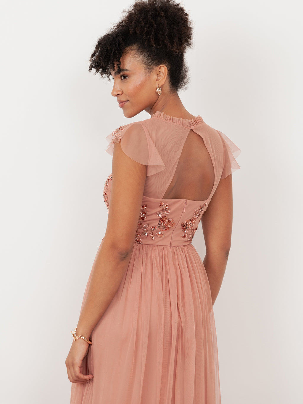 Maya Terracotta Pink Embellished Tulle Maxi Dress with Open Back