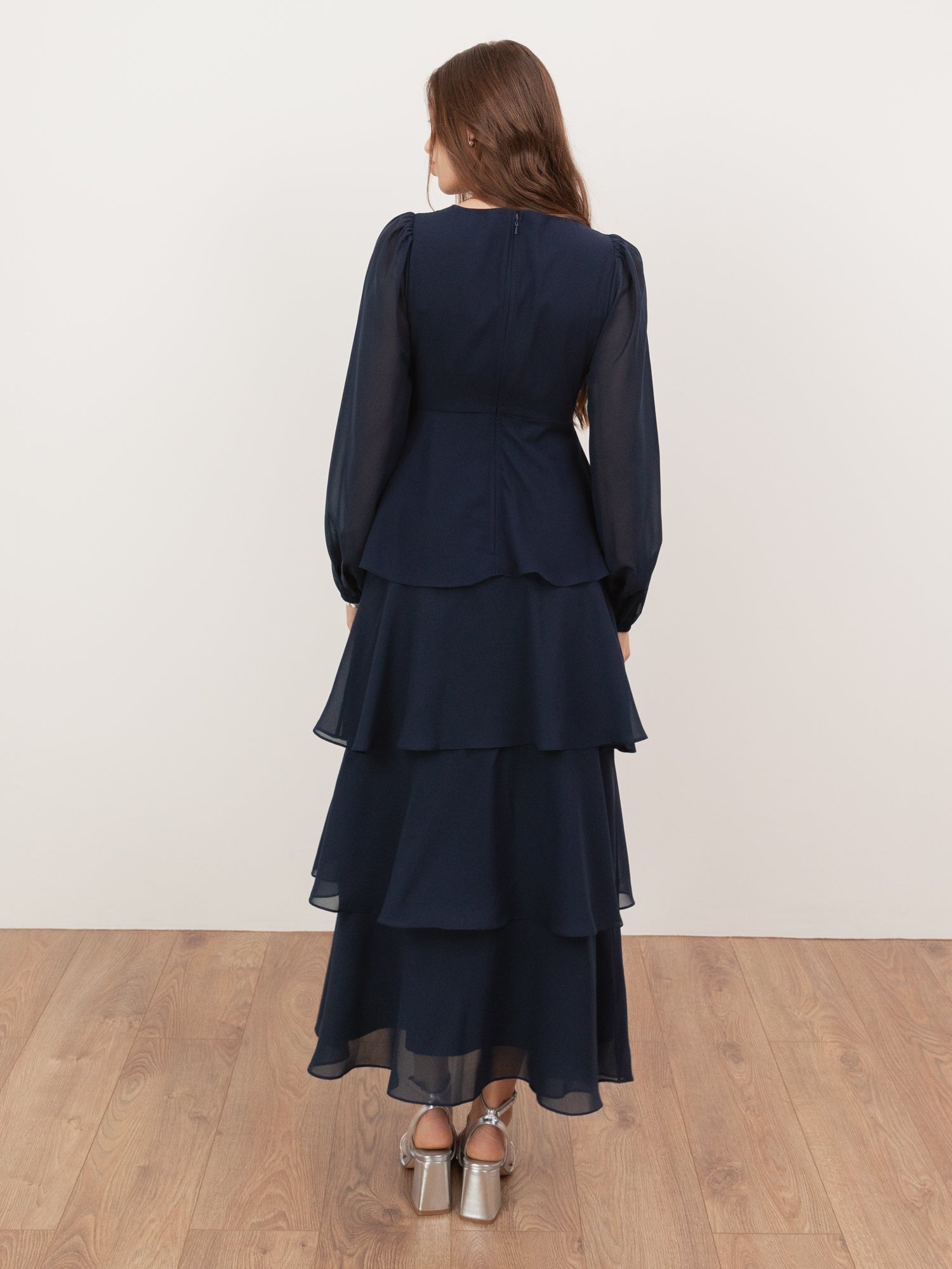 Maya Navy Floral Embellished Twist-Front Maxi Sleeve Tiered Midaxi Dress