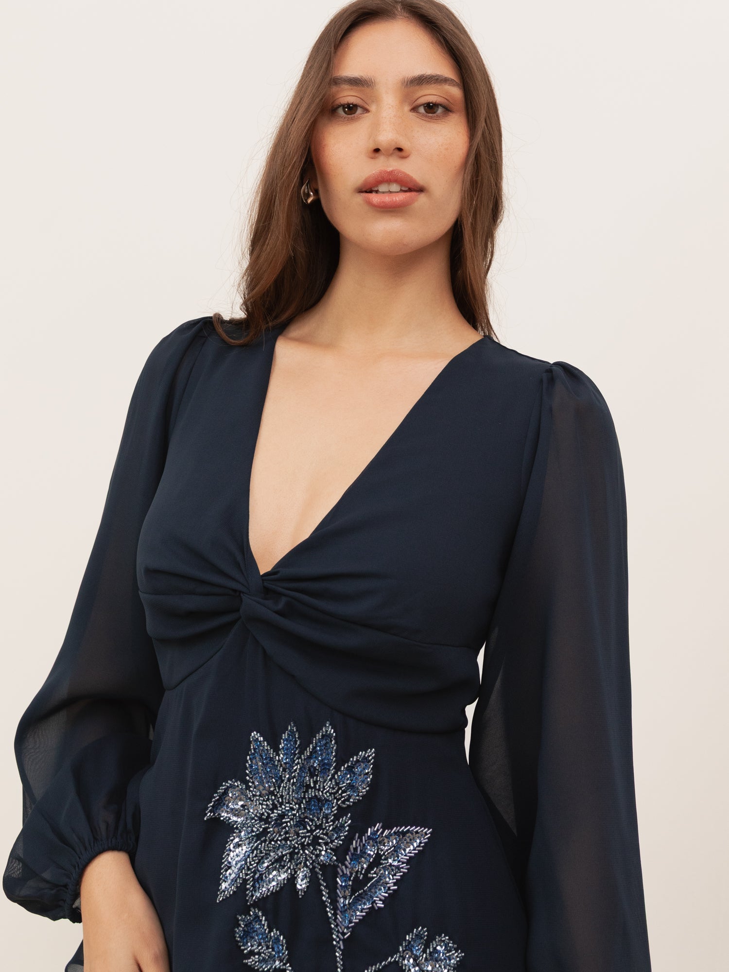 Maya Navy Floral Embellished Twist-Front Maxi Sleeve Tiered Midaxi Dress