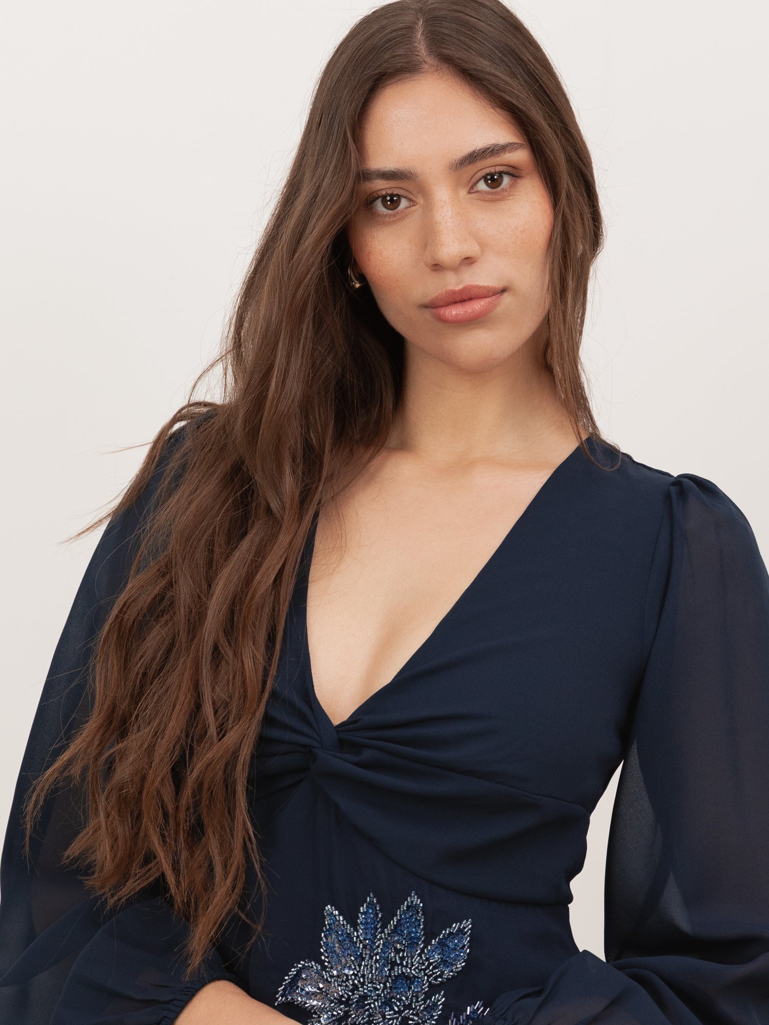 Maya Navy Floral Embellished Twist-Front Maxi Sleeve Tiered Midaxi Dress