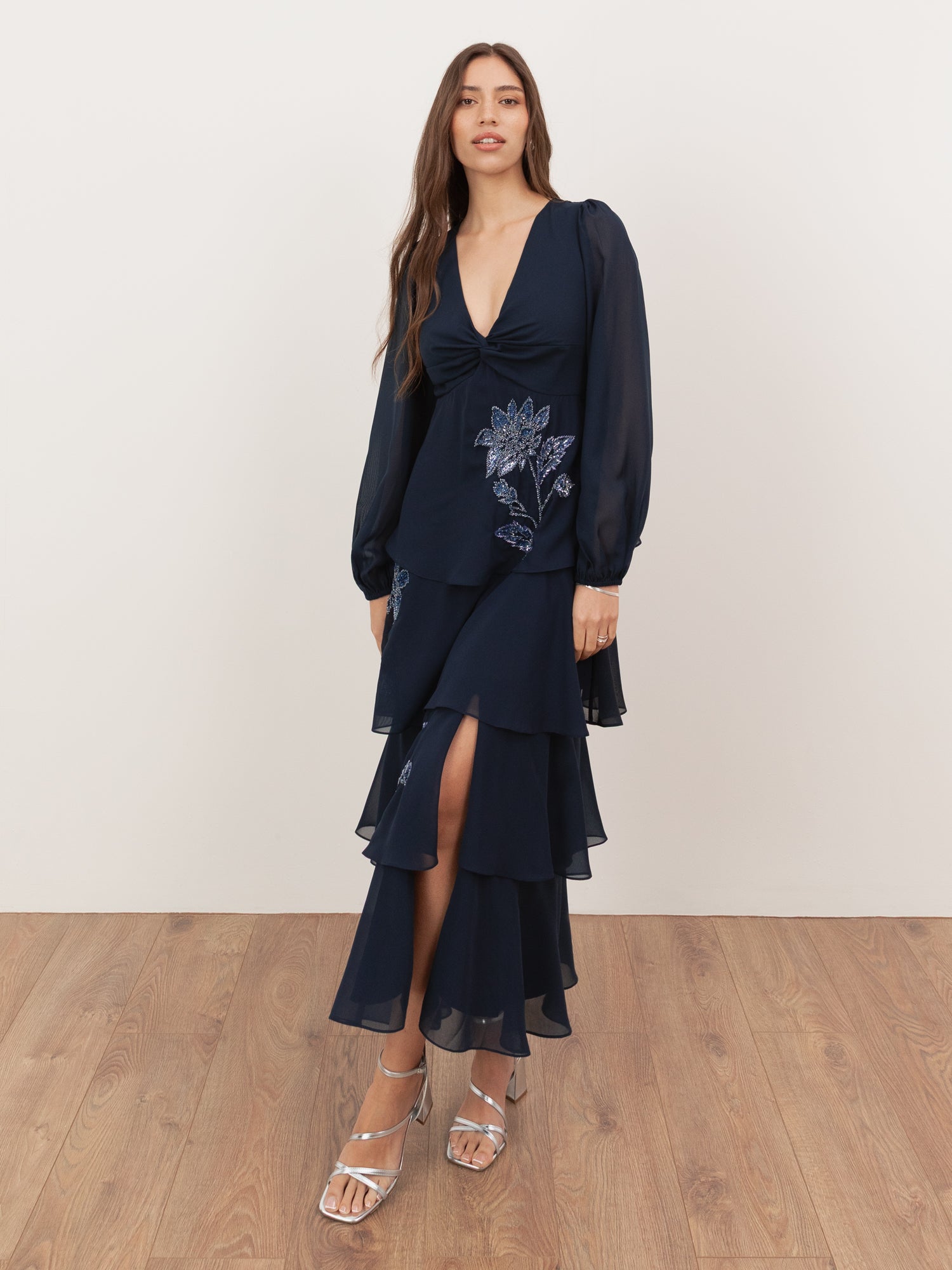 Maya Navy Floral Embellished Twist-Front Maxi Sleeve Tiered Midaxi Dress