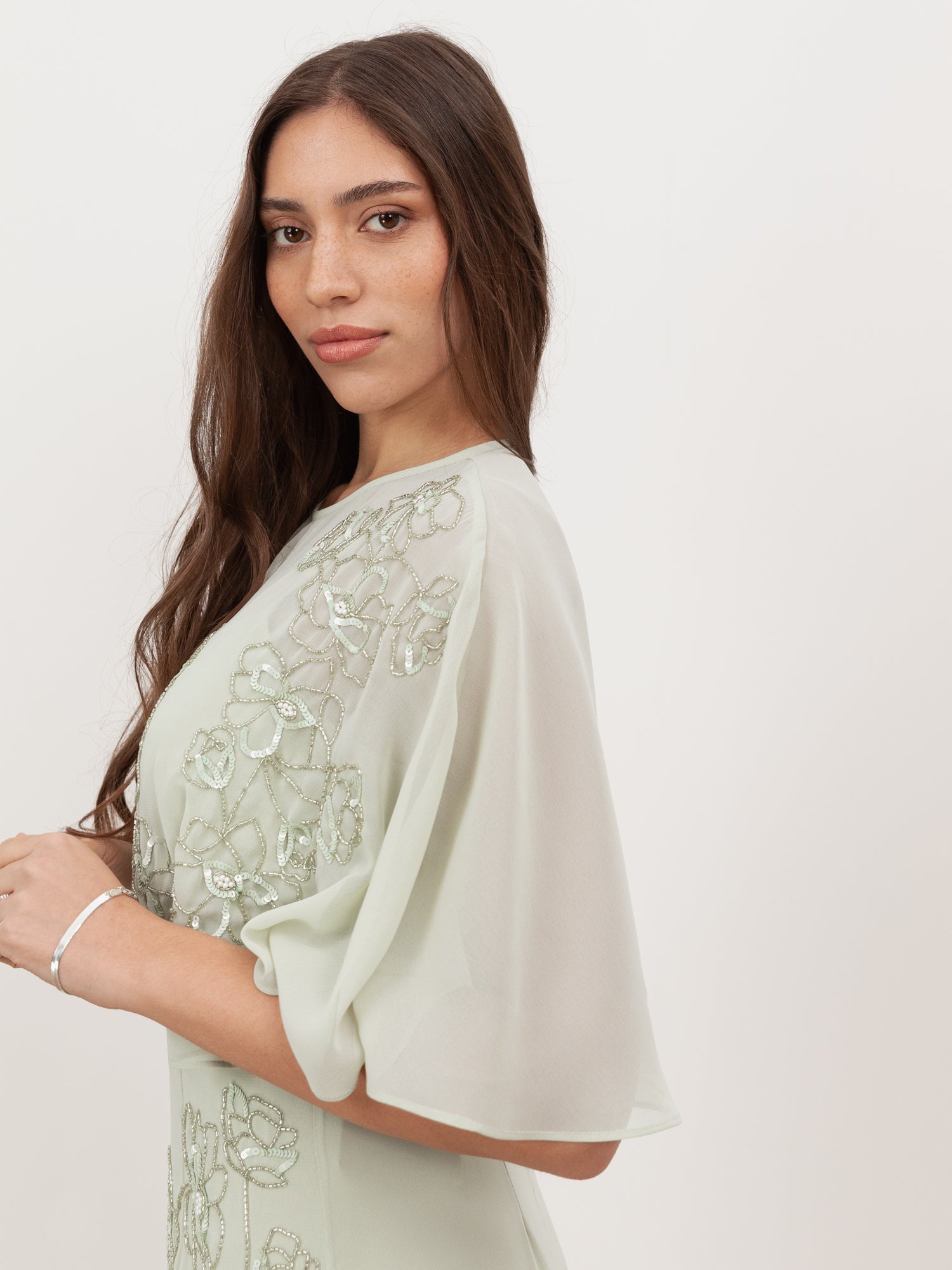 Maya Meadow Green Floral Embellished Angel Sleeve Maxi Dress