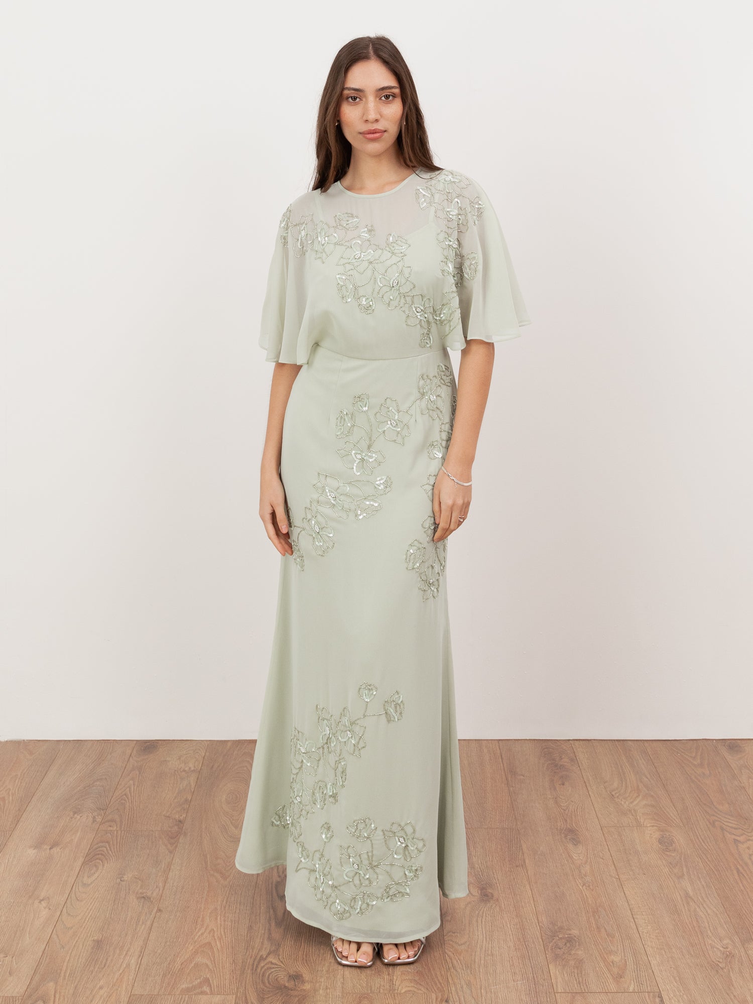 Maya Meadow Green Floral Embellished Angel Sleeve Maxi Dress