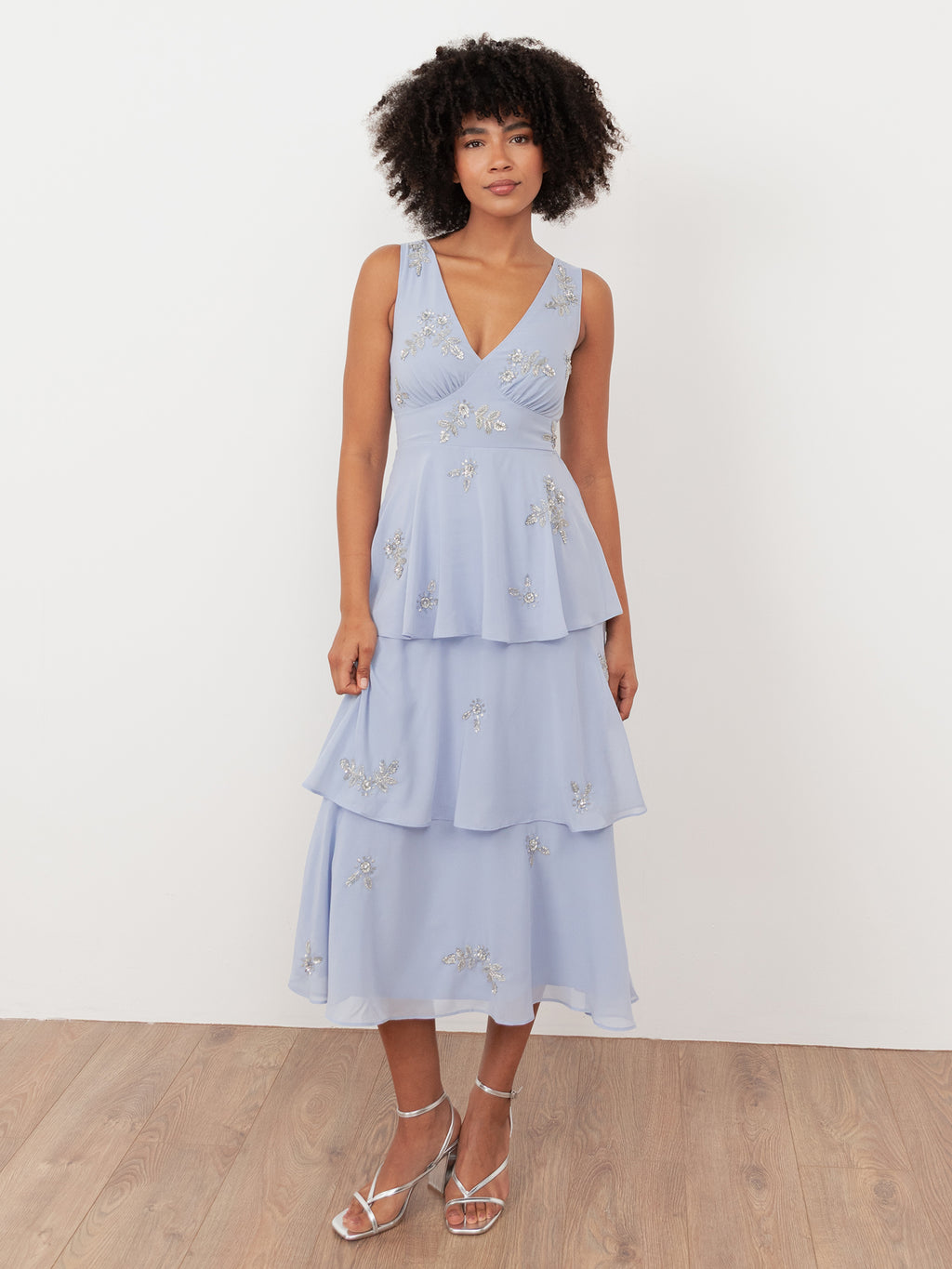 Maya Pastel Blue Embellished Tiered Midaxi Dress
