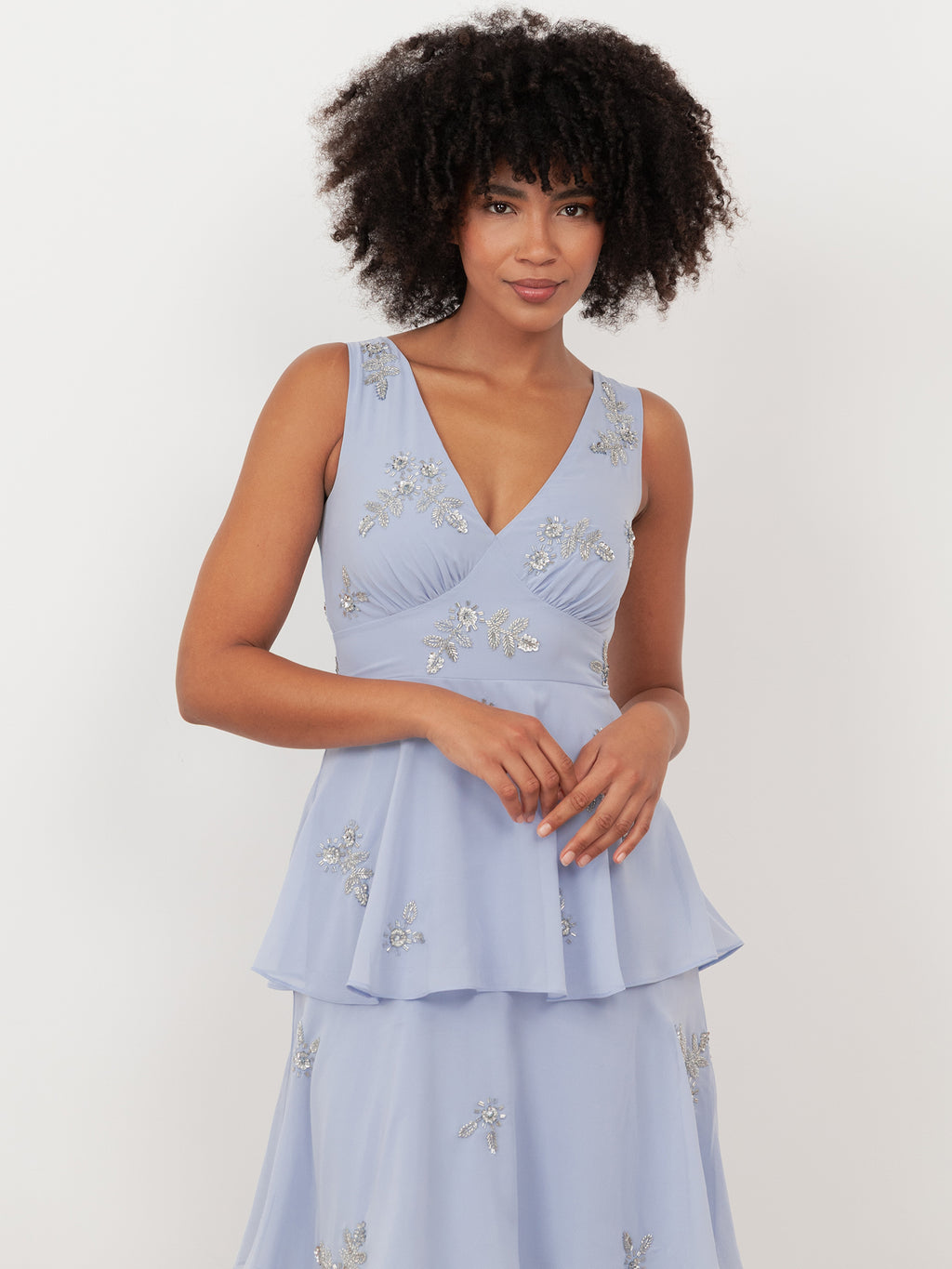 Maya Pastel Blue Embellished Tiered Midaxi Dress