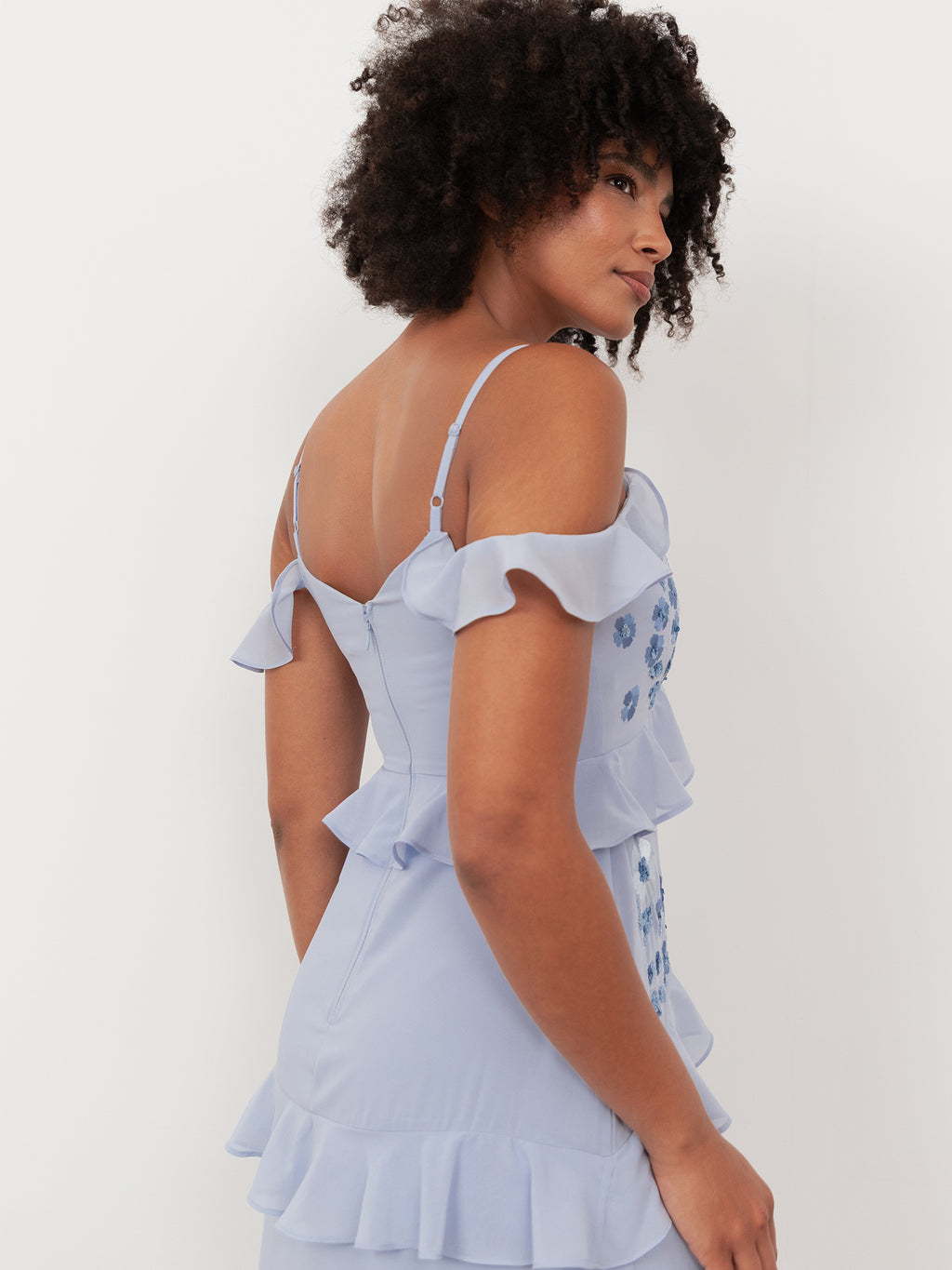 Maya Pastel Blue Floral Embroidered Cold Shoulder Maxi Dress