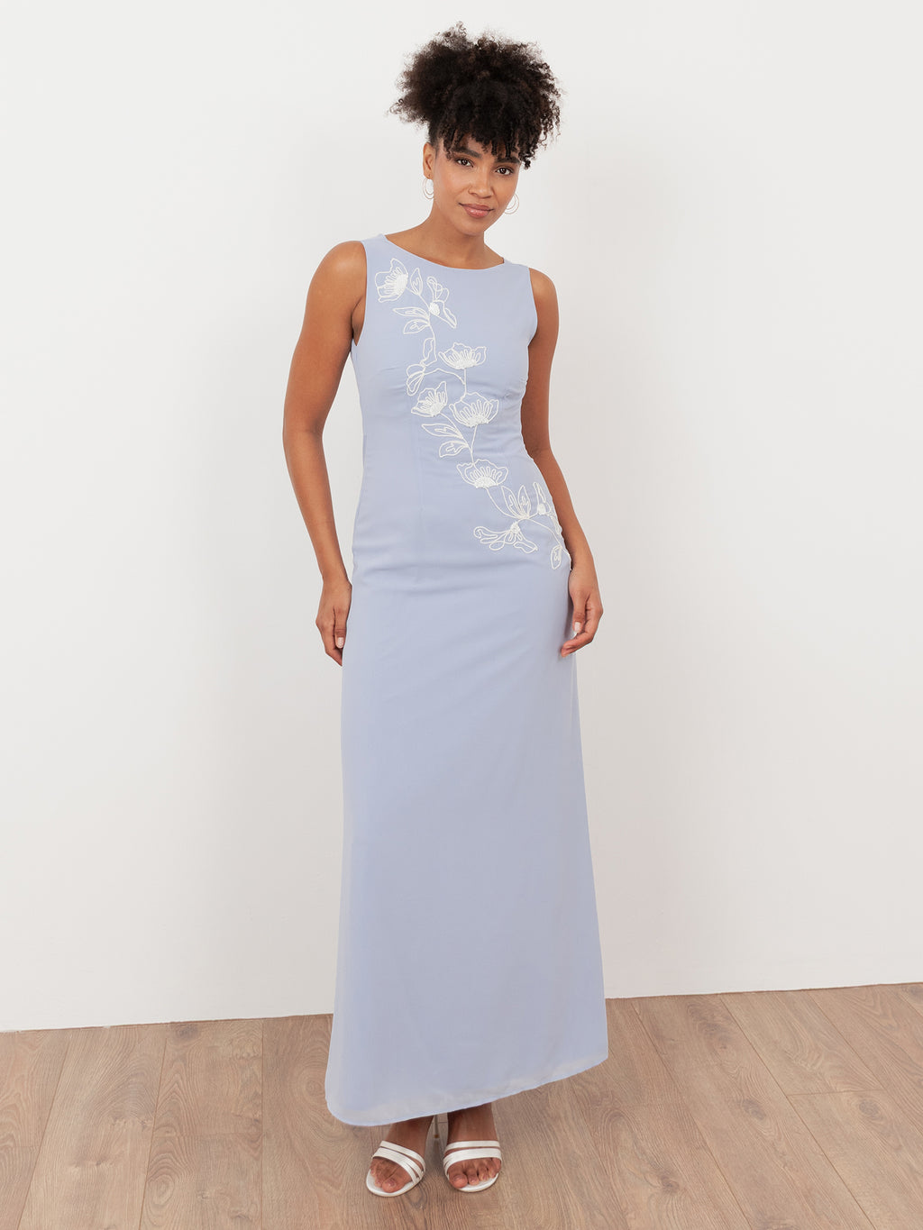 Maya Pastel Blue Floral Embroidered Cowl Back Maxi Dress