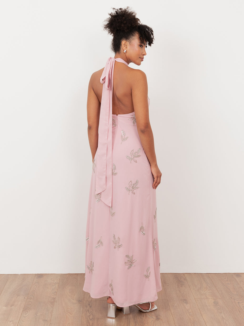 Maya Soft Pink Embellished Halter Neck & Open Back Maxi Dress