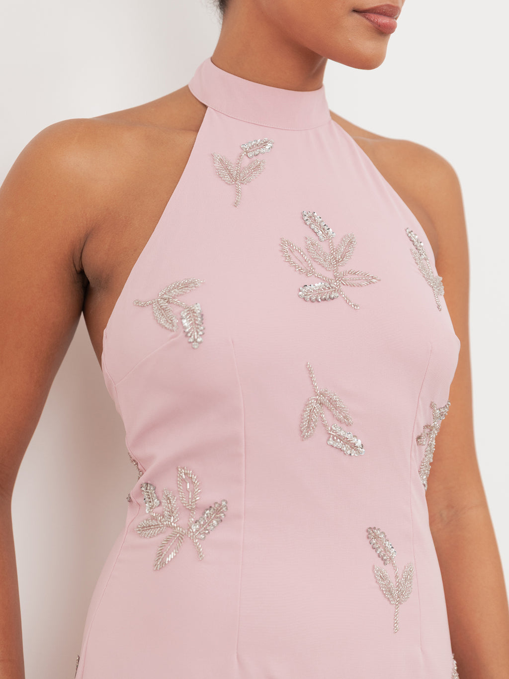 Maya Soft Pink Embellished Halter Neck & Open Back Maxi Dress