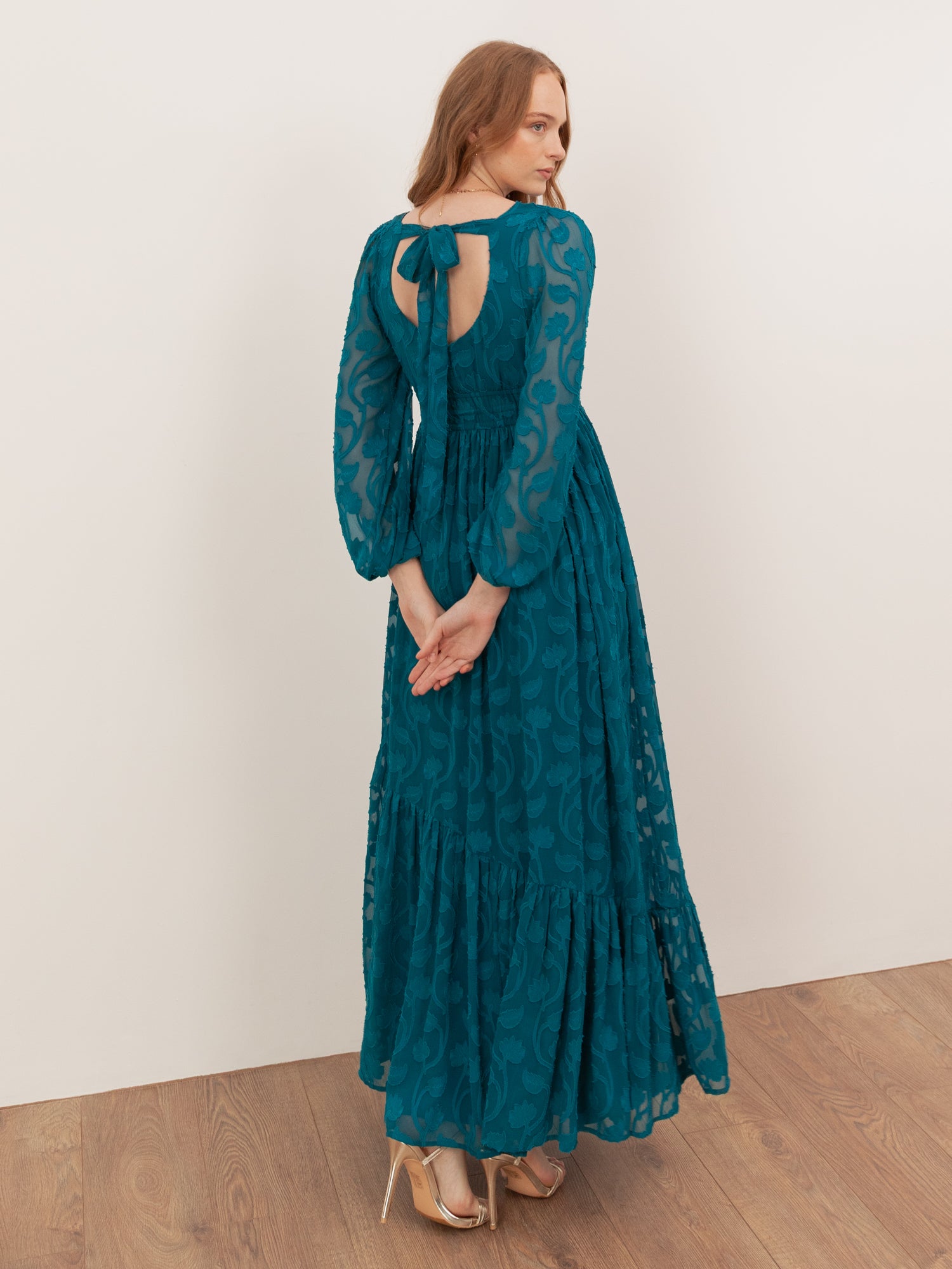 Lovedrobe Teal Floral Burnout Tie-Back Maxi Dress with Asymmetric Split Hem
