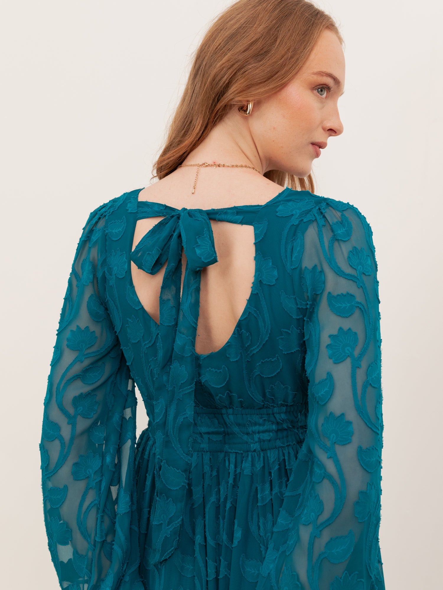 Lovedrobe Teal Floral Burnout Tie-Back Maxi Dress with Asymmetric Split Hem