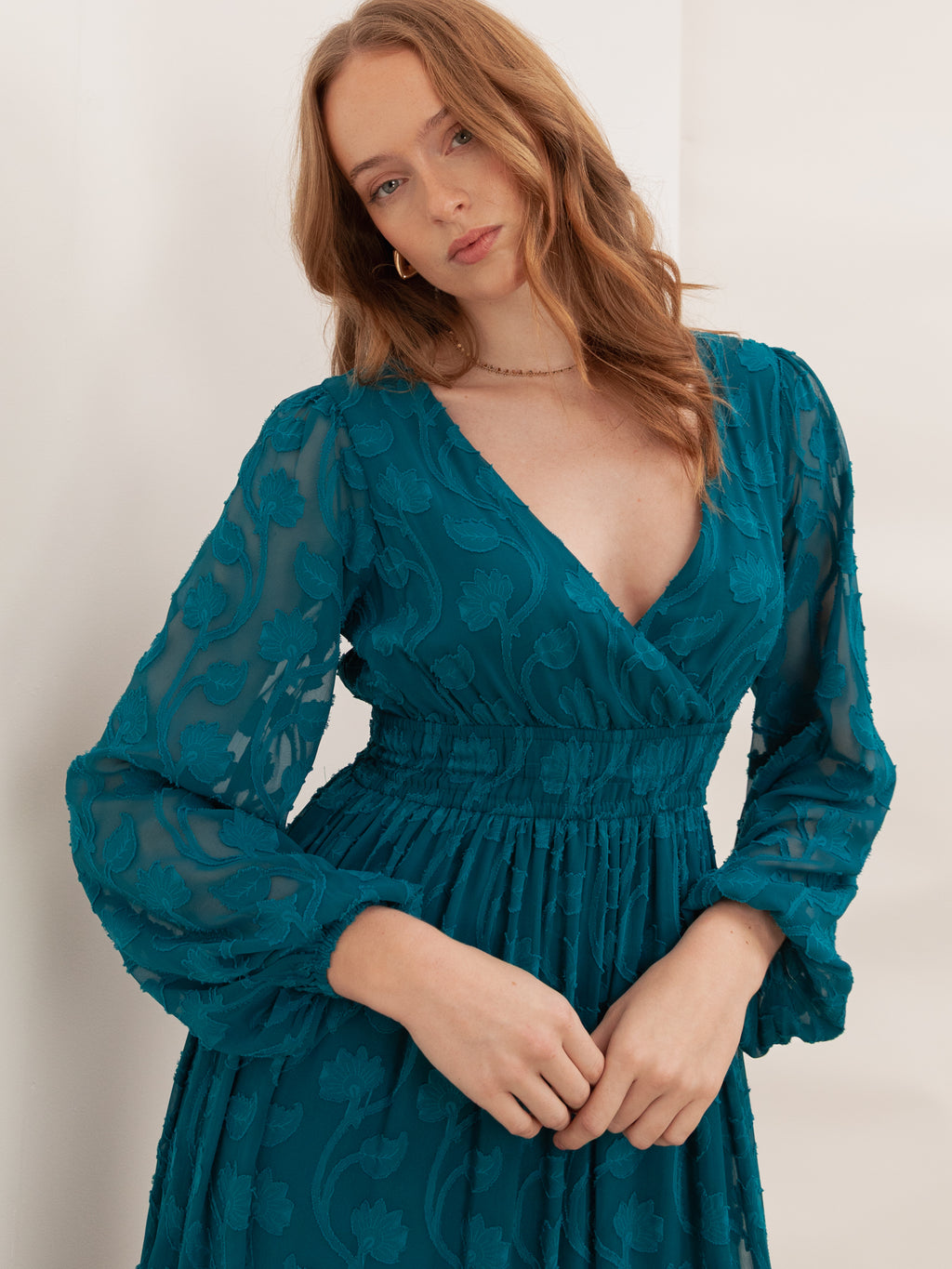 Lovedrobe Teal Floral Burnout Tie-Back Maxi Dress with Asymmetric Split Hem