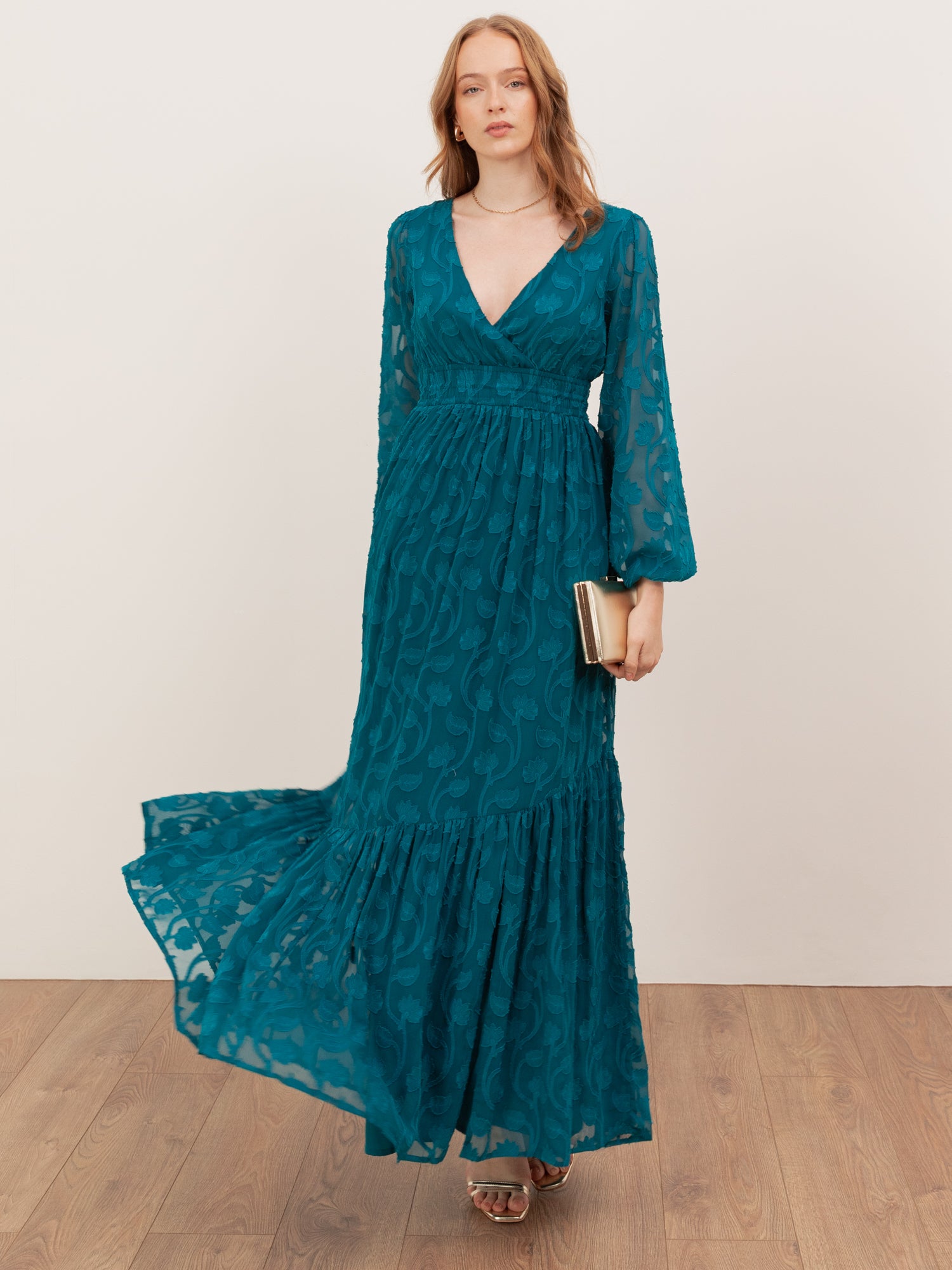 Lovedrobe Teal Floral Burnout Tie-Back Maxi Dress with Asymmetric Split Hem