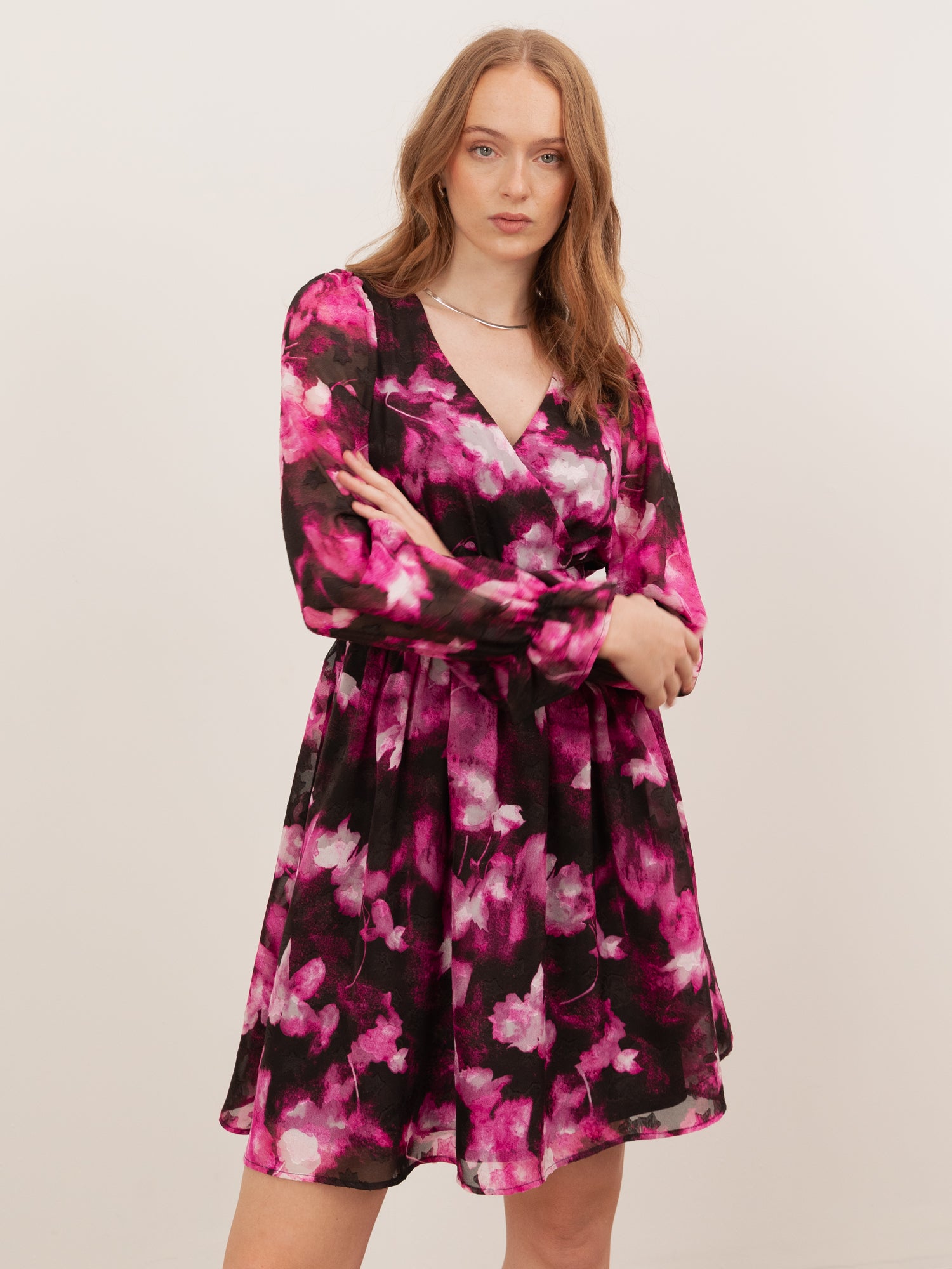 Lovedrobe Black & Pink Maxi Sleeve Faux Wrap Mini Dress