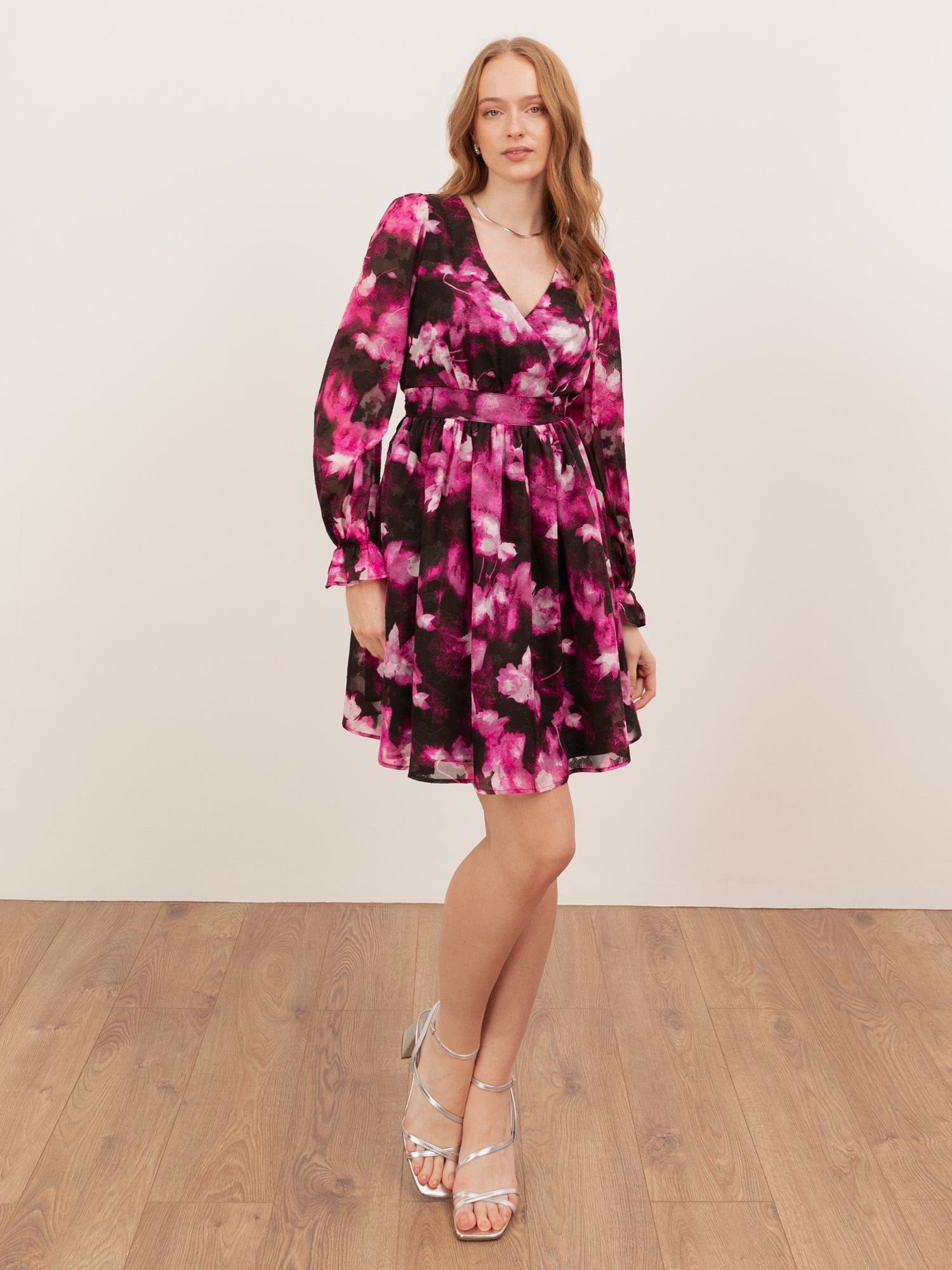 Lovedrobe Black & Pink Maxi Sleeve Faux Wrap Mini Dress