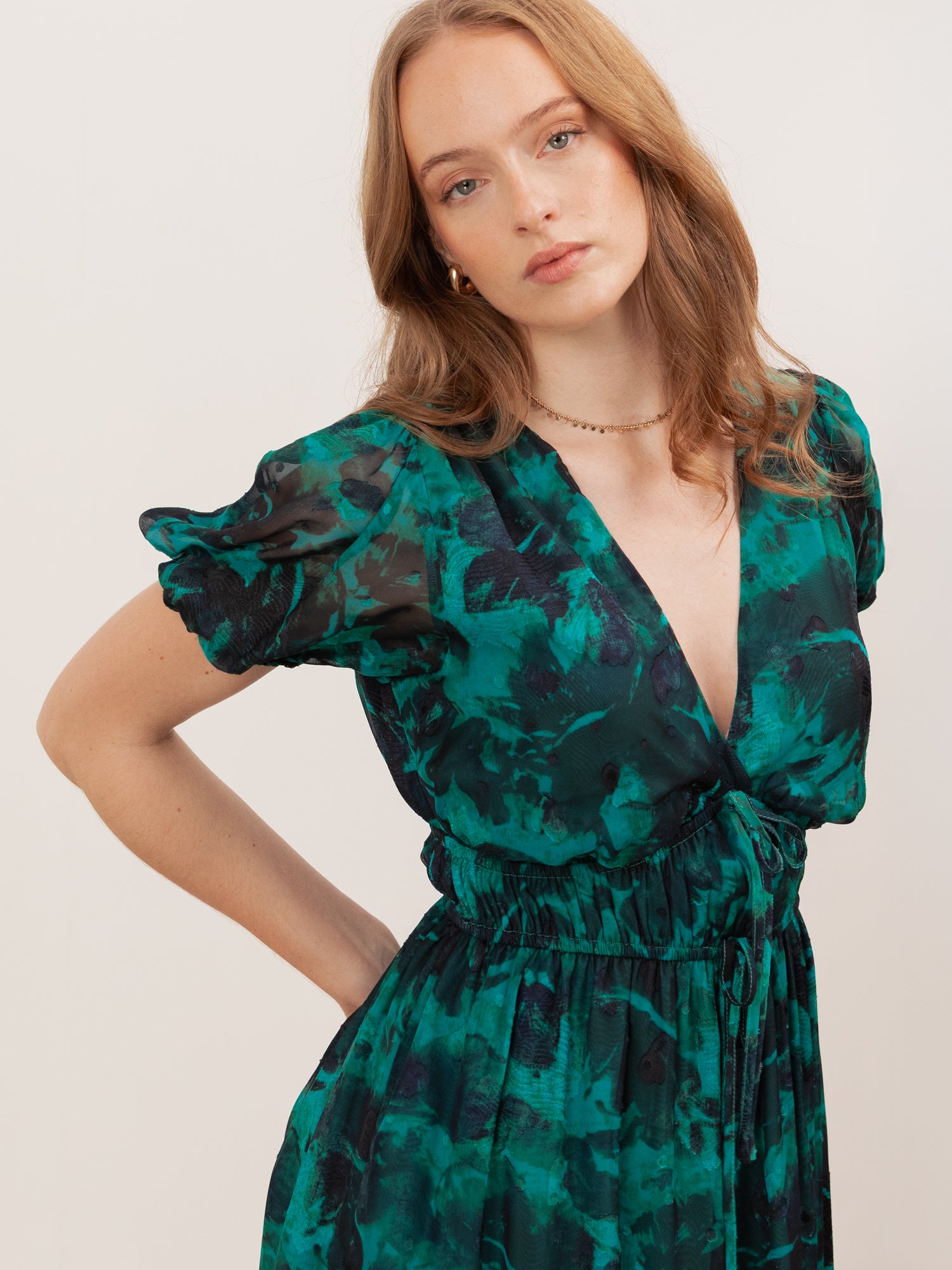 Lovedrobe Green Floral Short Sleeve Tie Detail Midaxi Dress