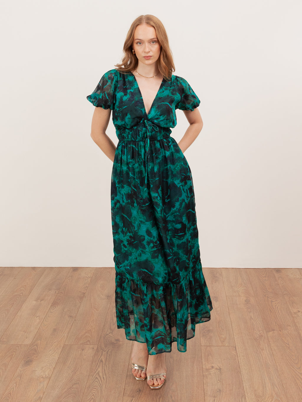 Lovedrobe Green Floral Short Sleeve Tie Detail Midaxi Dress