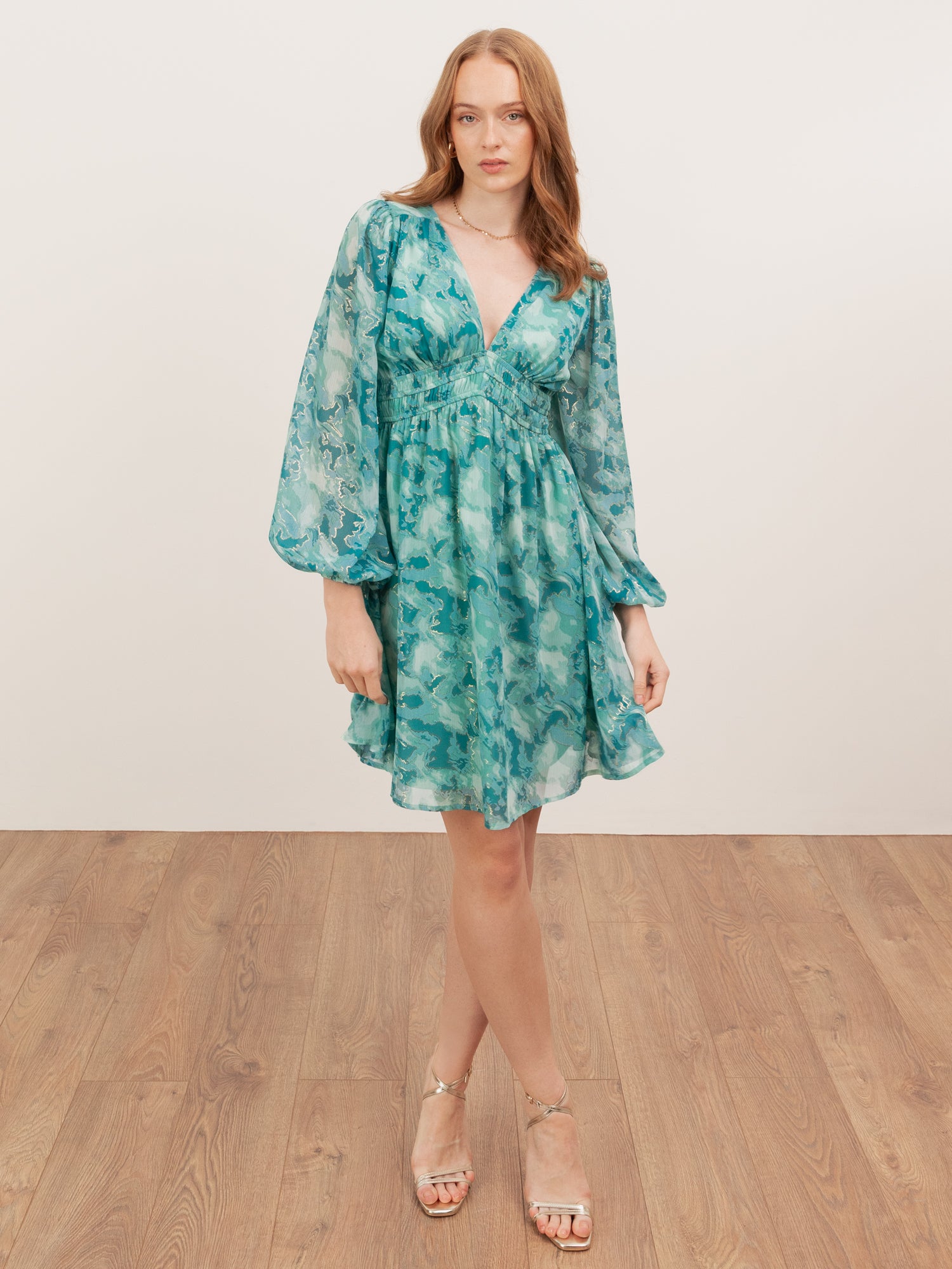 Lovedrobe Abstract Print Maxi Sleeve Shirred Empire Waist Mini Dress