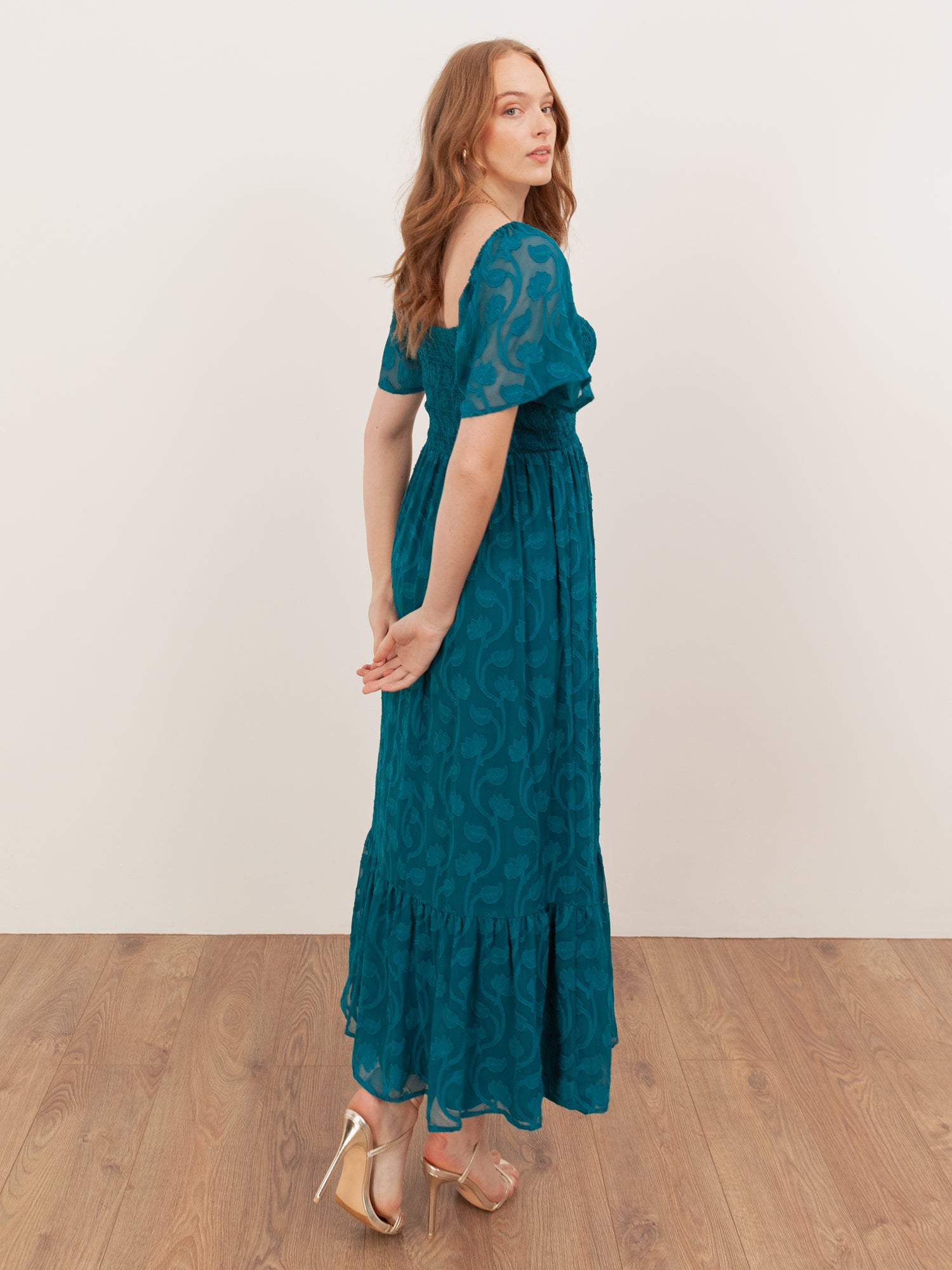 Lovedrobe Teal Floral Burnout Square Neck Shirred Midaxi Dress